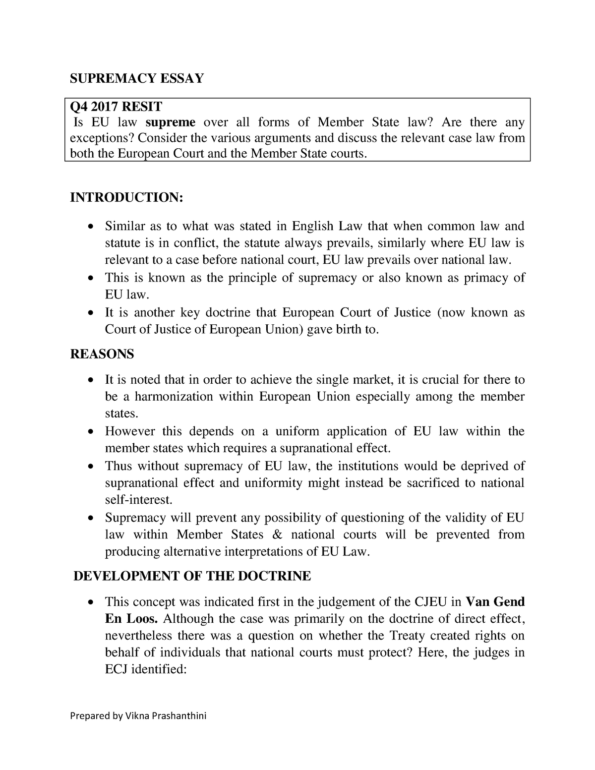 supremacy of eu law essay plan