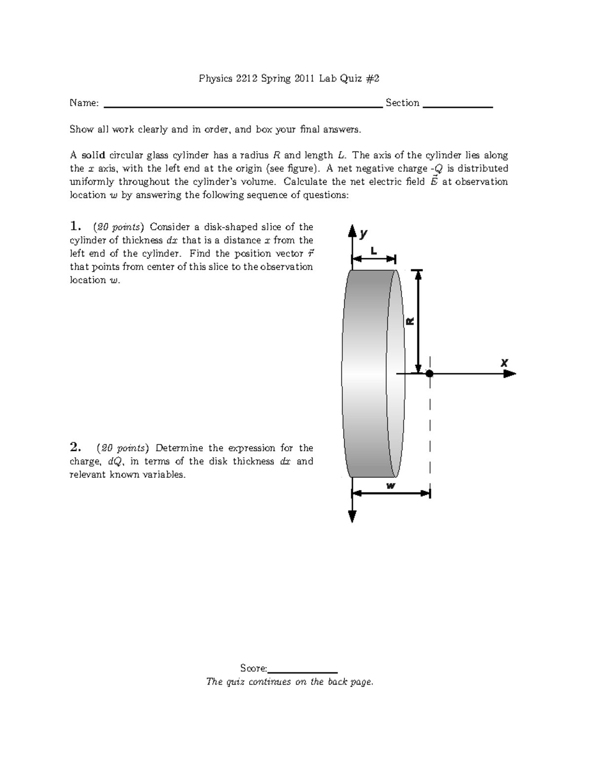 2212l5q2 Old Practice Test Quiz Physics 2212 Spring 2011 Lab Quiz