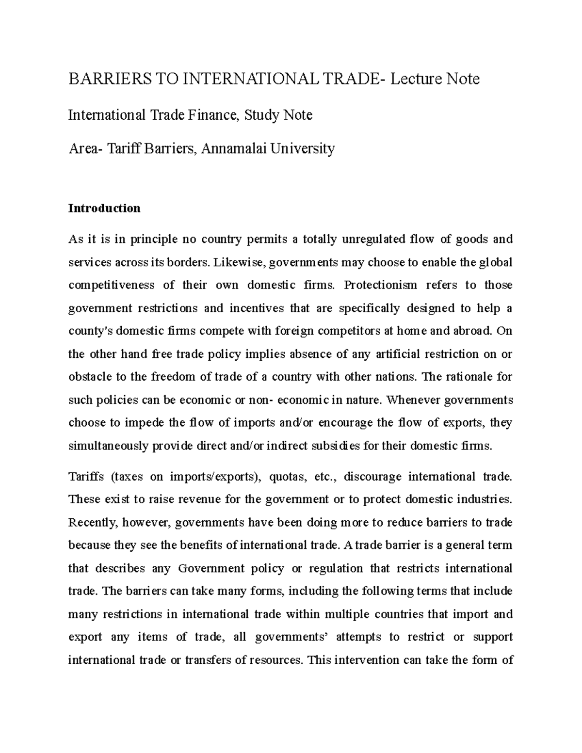 Barriers TO International Trade - BARRIERS TO INTERNATIONAL TRADE ...