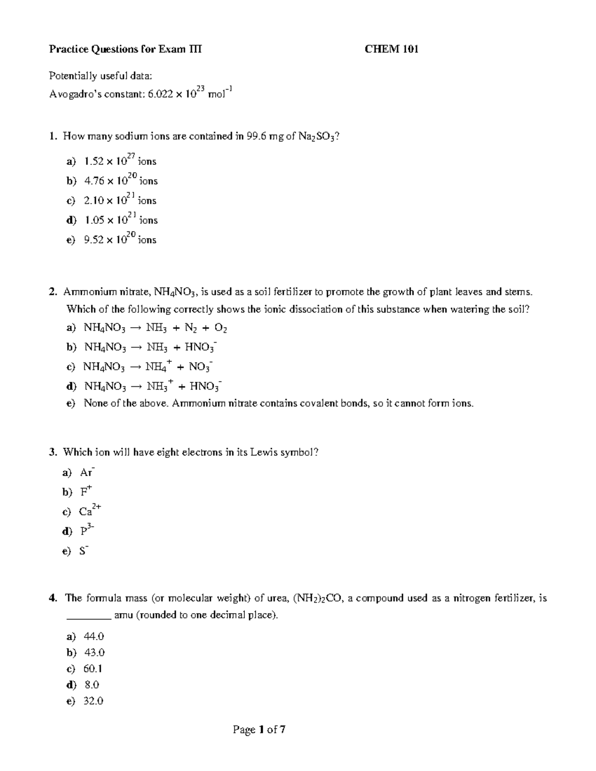 Exam 3 Practice - Practice Questions for Exam III CHEM 101 Potentially ...