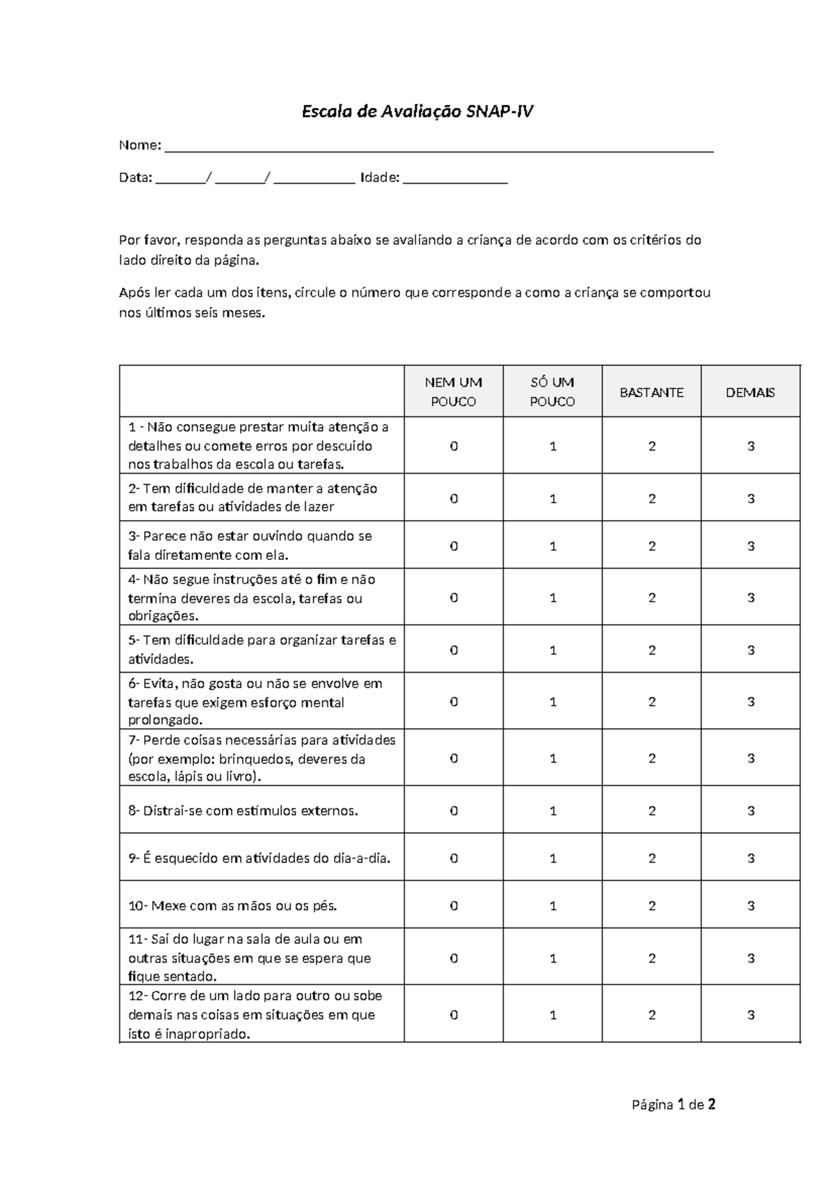 Escala de Avaliação SNAP - Página 1 de 2 Escala de Avaliação SNAP-IV ...