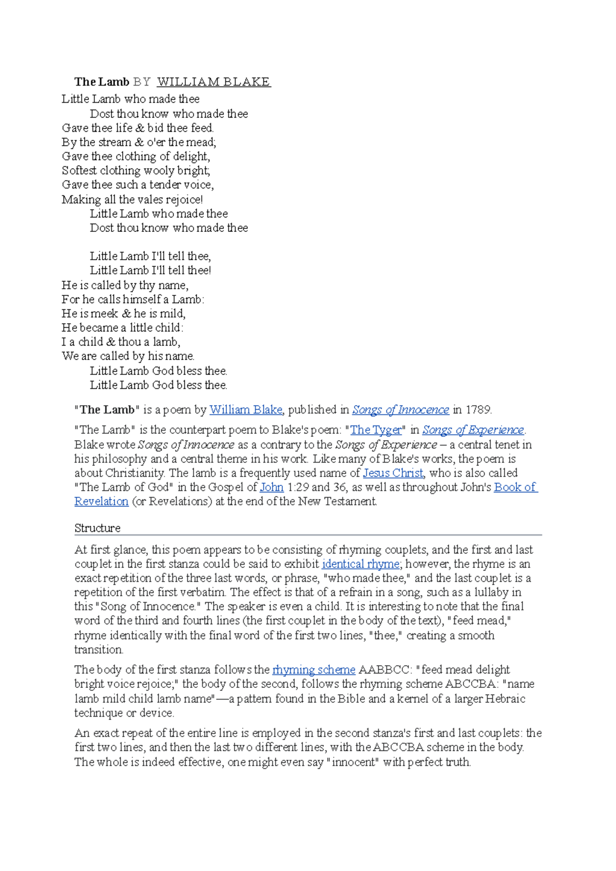 Creative Writing Poetry The Lamb BY WILLIAM BLAKE Little Lamb who