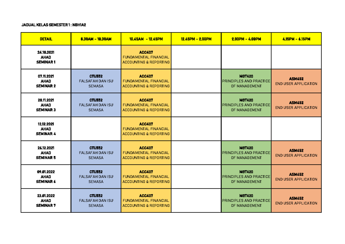 01 Jadual - not - JADUAL KELAS SEMESTER 1 : NBH1A 2 DETAIL 8 - 10 10 ...