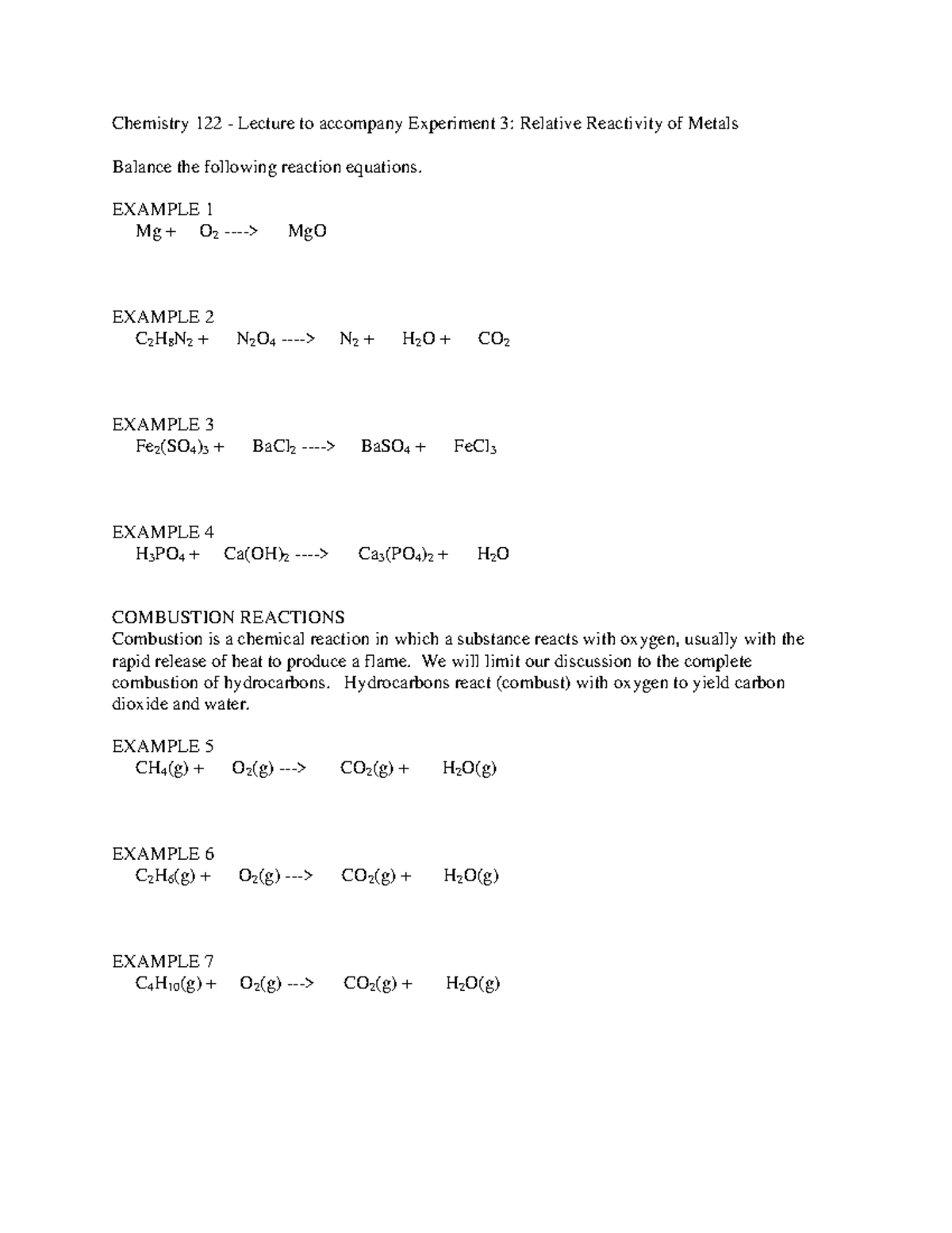 Chemistry 122 Lecture 3 Balancing Equations - Chemistry 122 - Lecture 