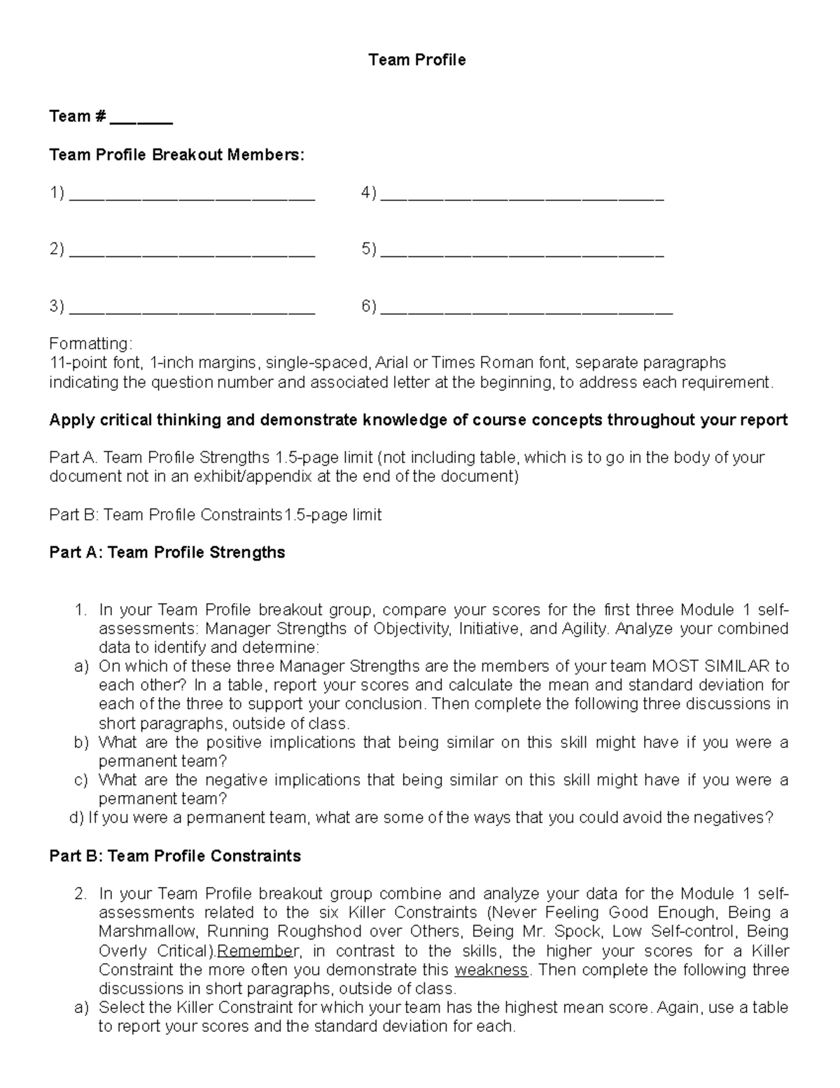 Team Profile Assignment Template - Team Profile Team # _______ Team ...