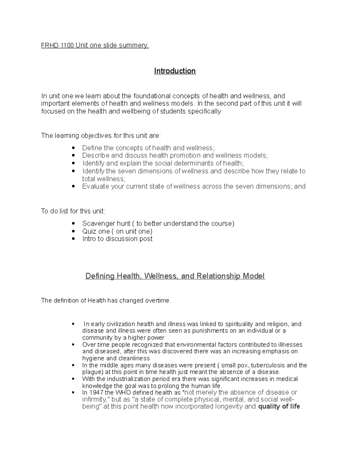 FRHD 1100 Unit One Slide Summary: Health and Wellness Concepts Models ...