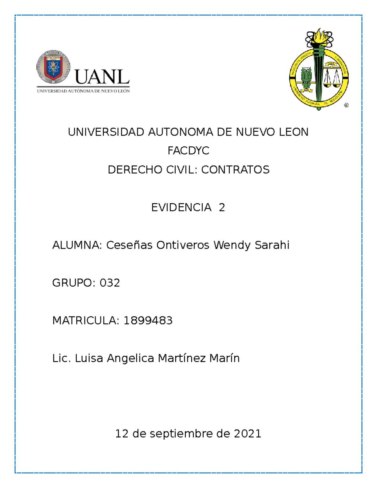 Evidencia 2 - UNIVERSIDAD AUTONOMA DE NUEVO LEON FACDYC DERECHO CIVIL ...
