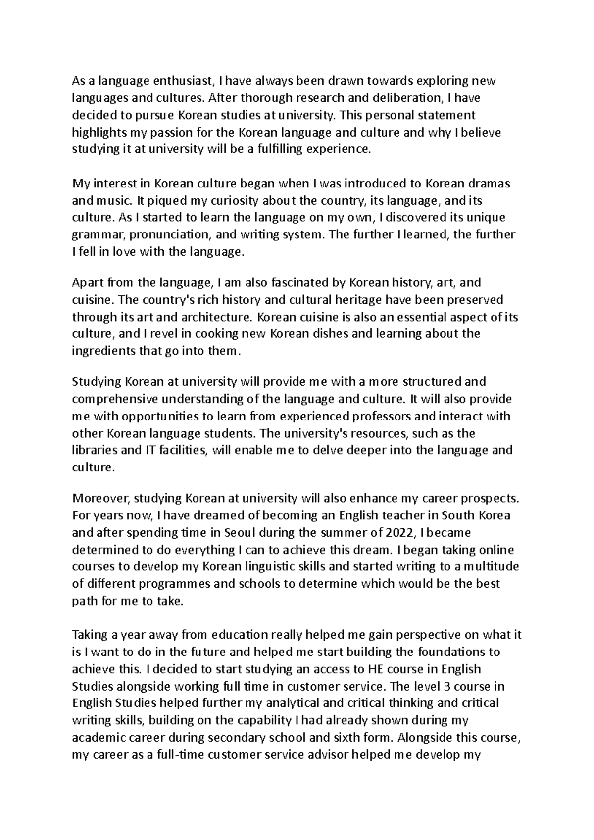 Personal Statement As a language enthusiast, I have always been drawn