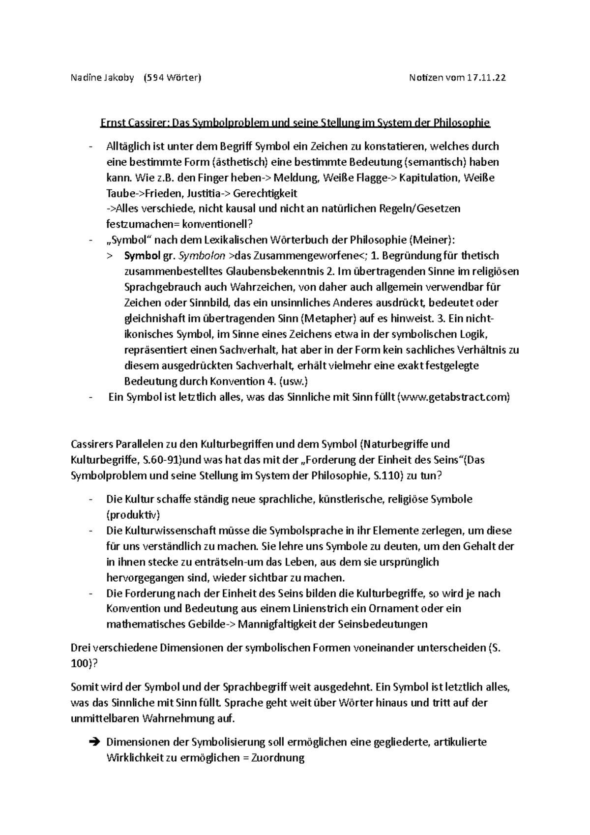 Cassirer Selbststudium - Nadine Jakoby (594 Wörter) Notizen Vom 17 ...