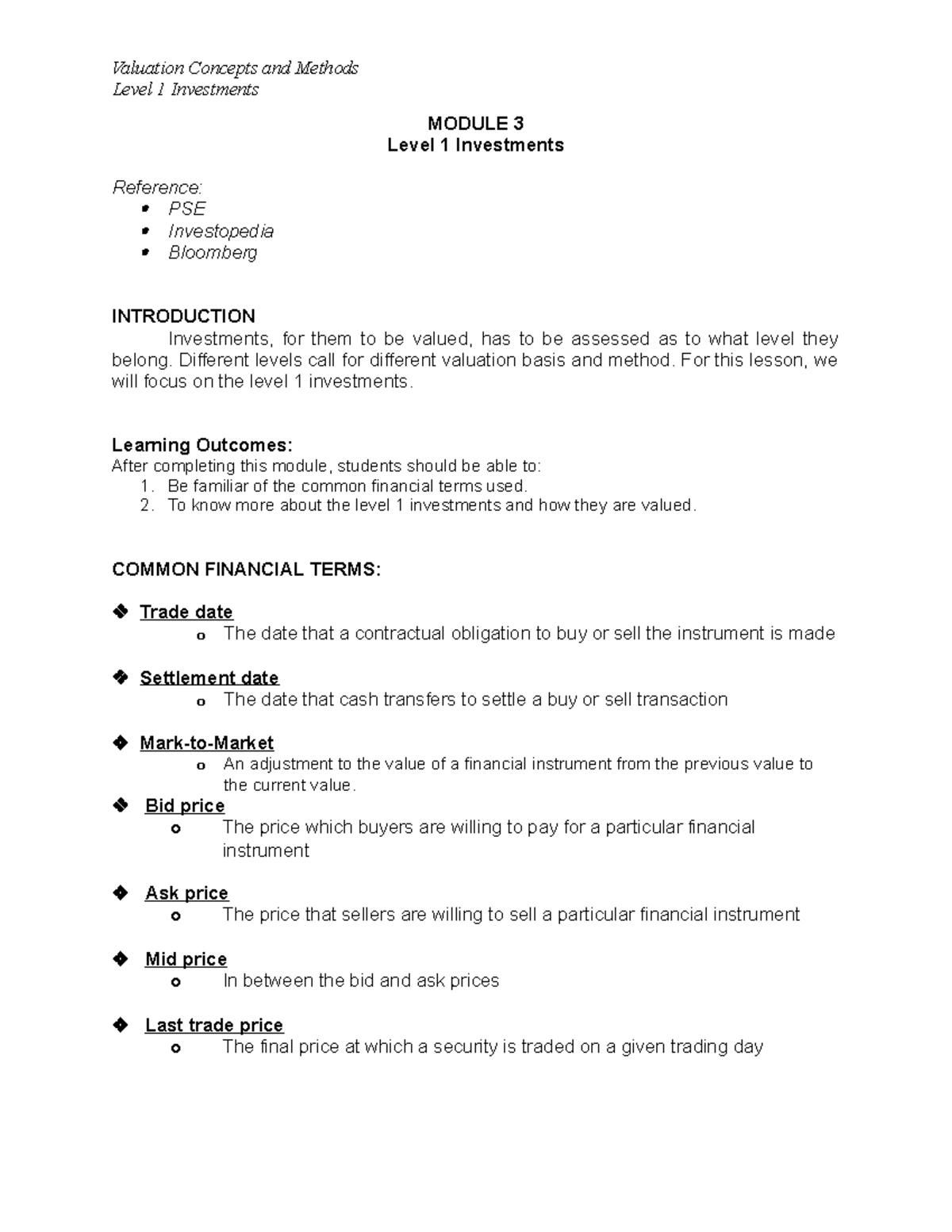 Module 3 - Level 1 Investments - Level 1 Investments MODULE 3 Level 1 ...