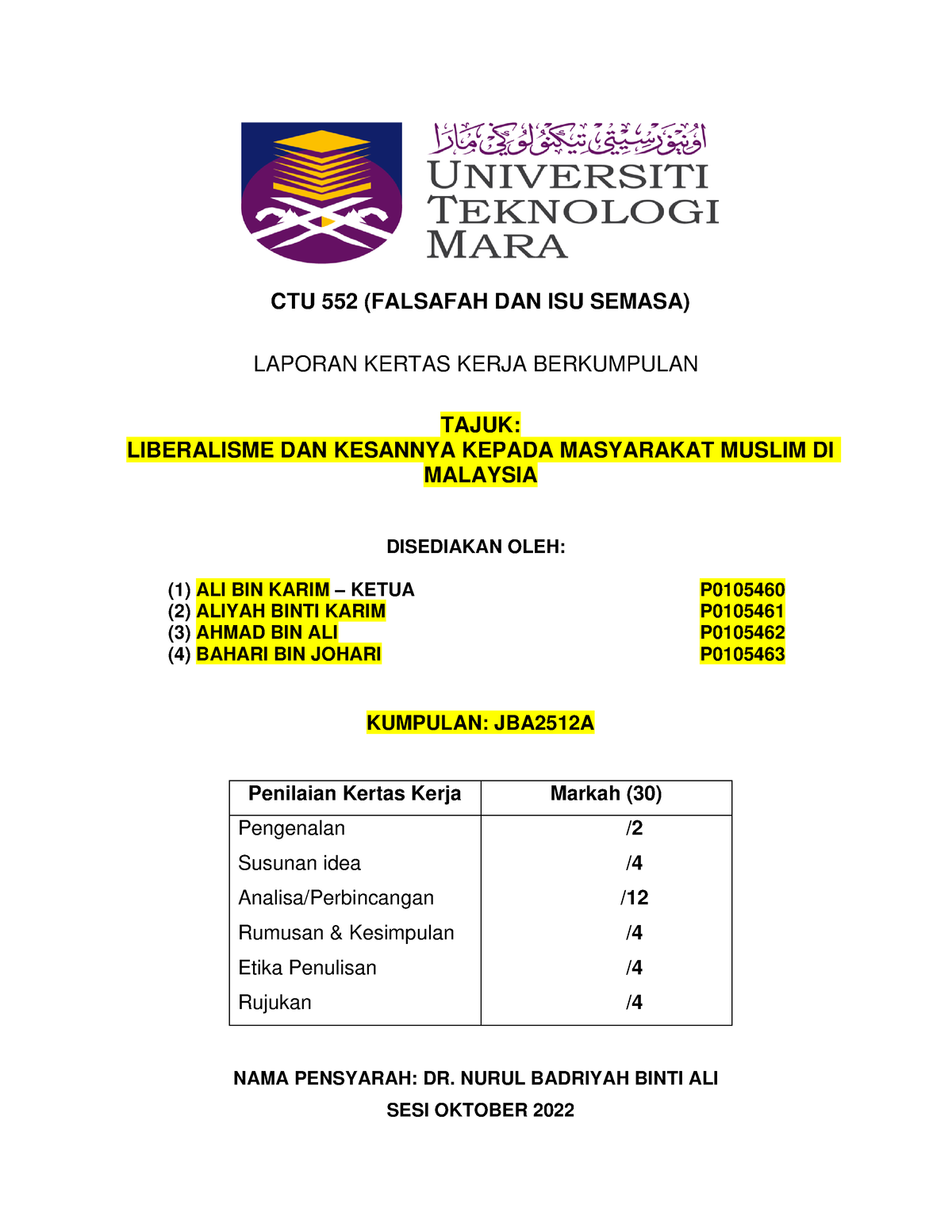 Panduan Kertas Kerja Ctu552 Ctu 552 Falsafah Dan Isu Semasa Laporan Kertas Kerja Berkumpulan