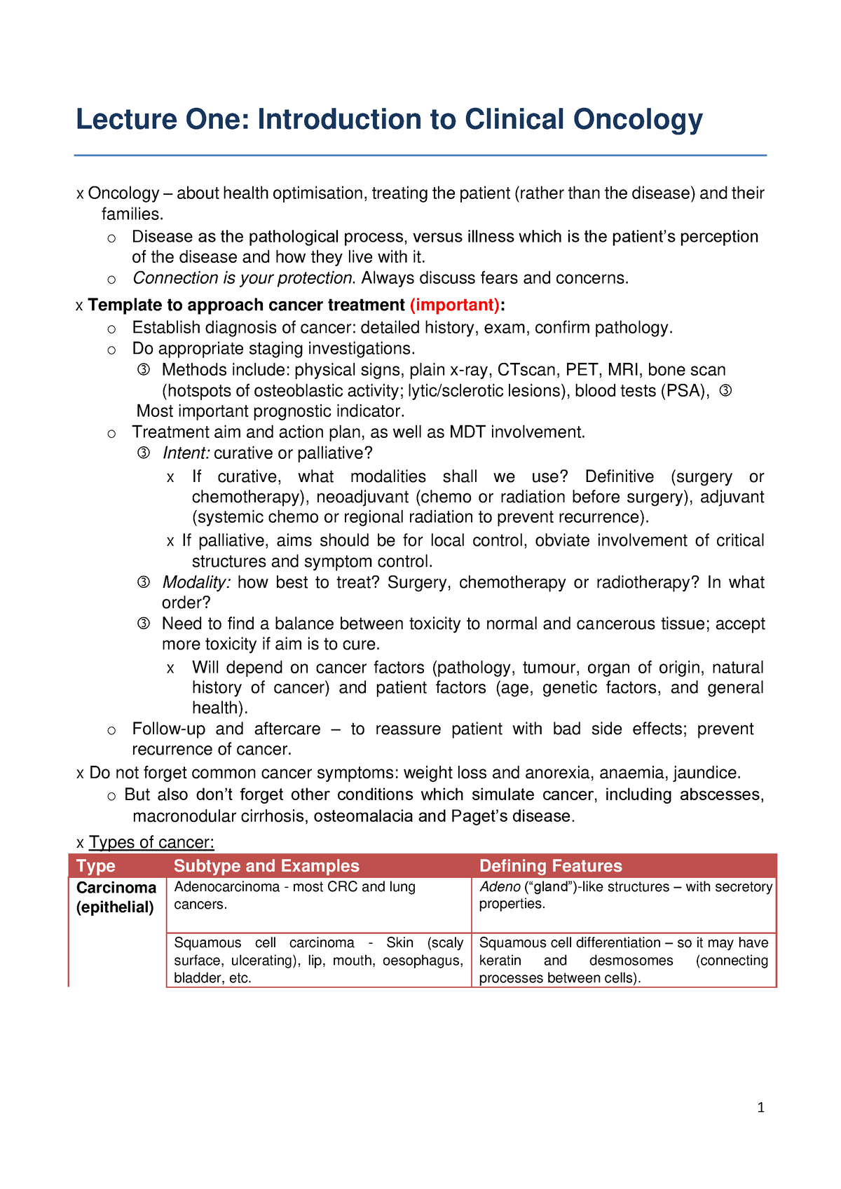 Clinical Oncology Lecture Notes - 1 Lecture One: Introduction to ...