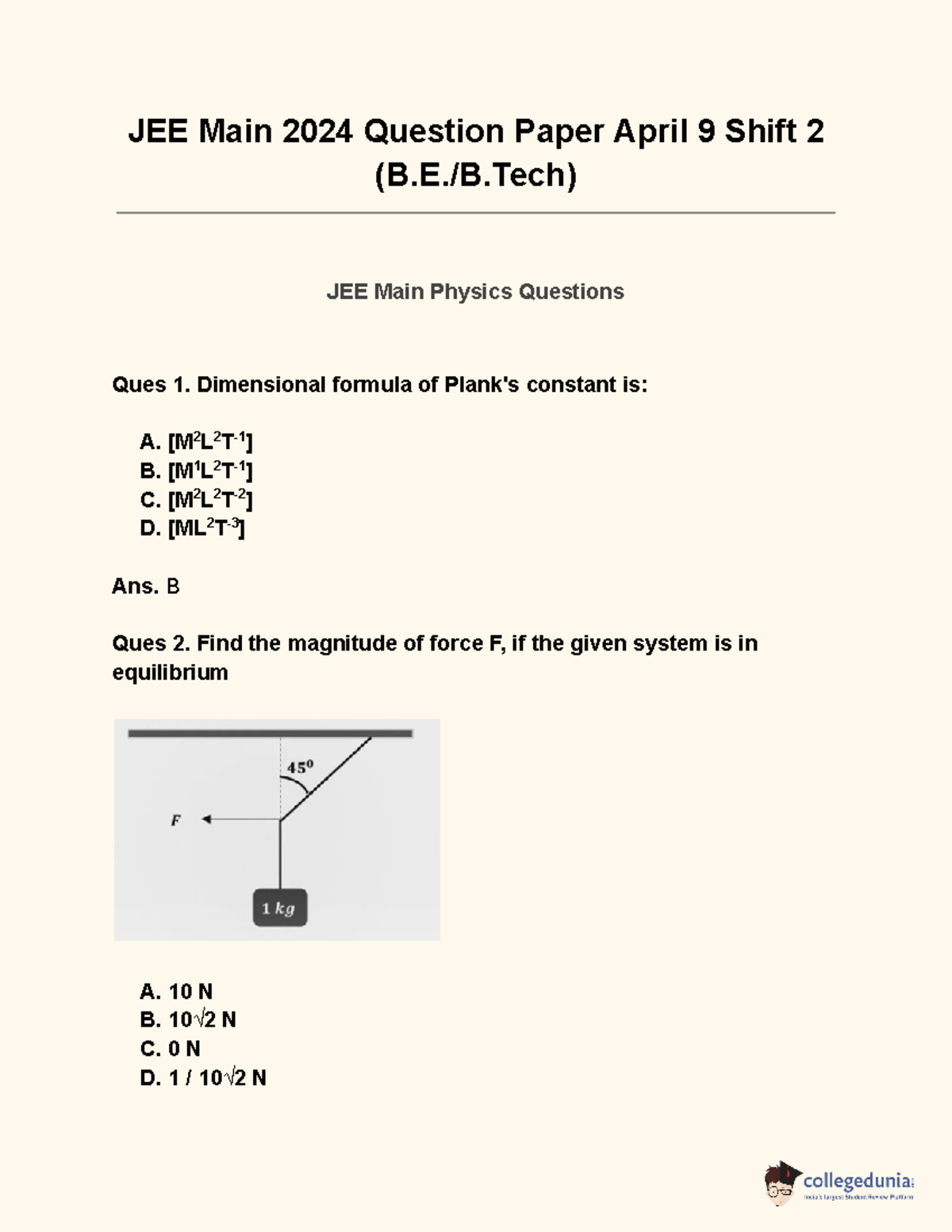 jee mains practice questions - JEE Main 2024 Question Paper April 9 ...