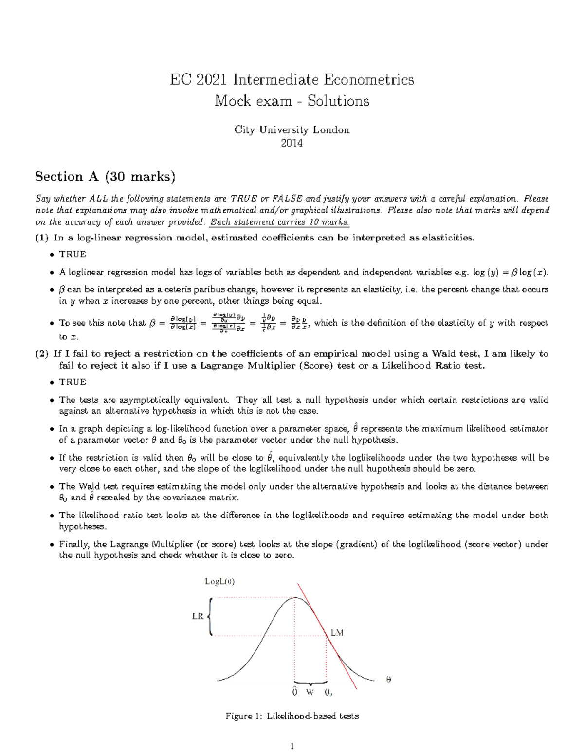 EC2021 Sample Exam Solutions - EC 2021 Intermediate Econometrics Mock ...