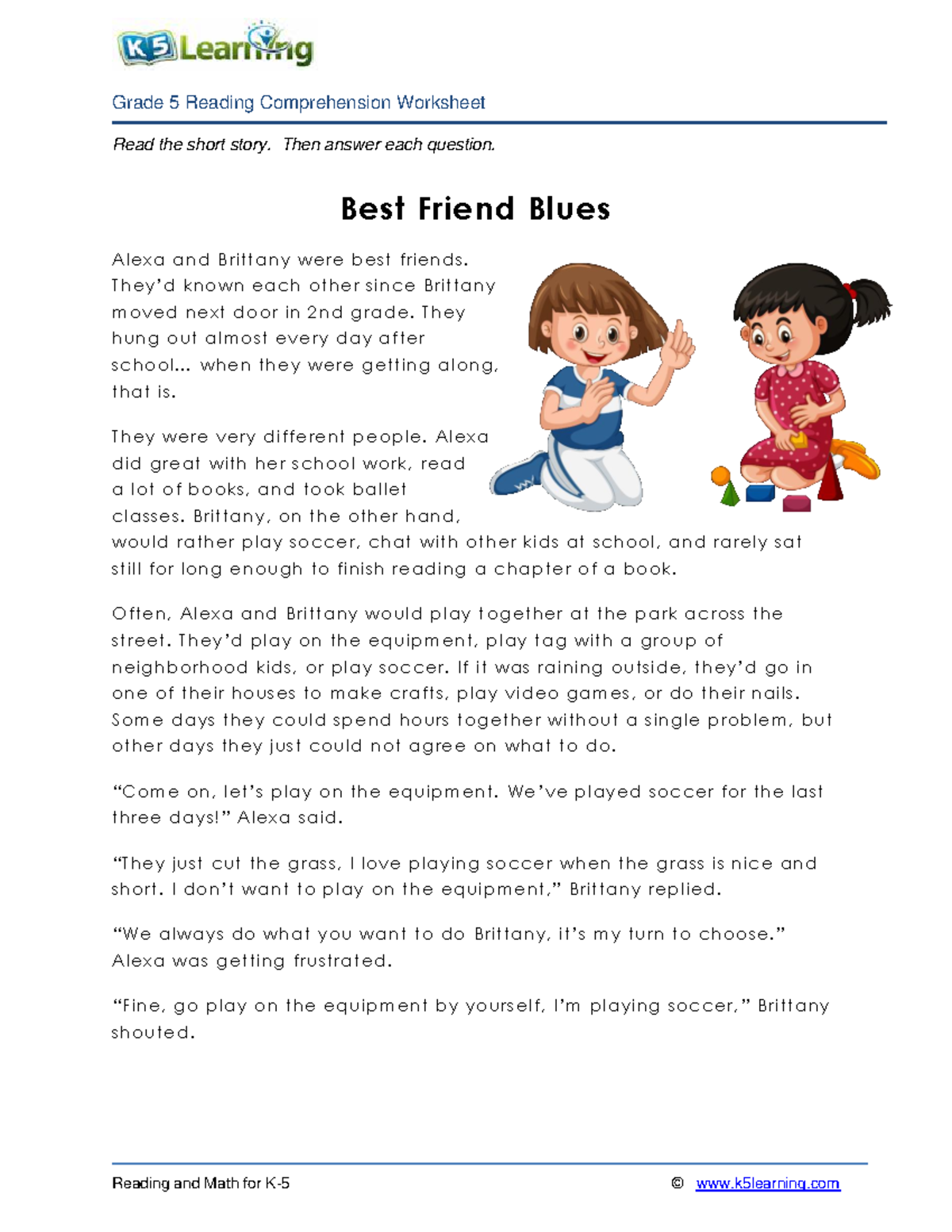 5th Grade 5 Best Friend Blues Read The Short Story Then Answer Each 