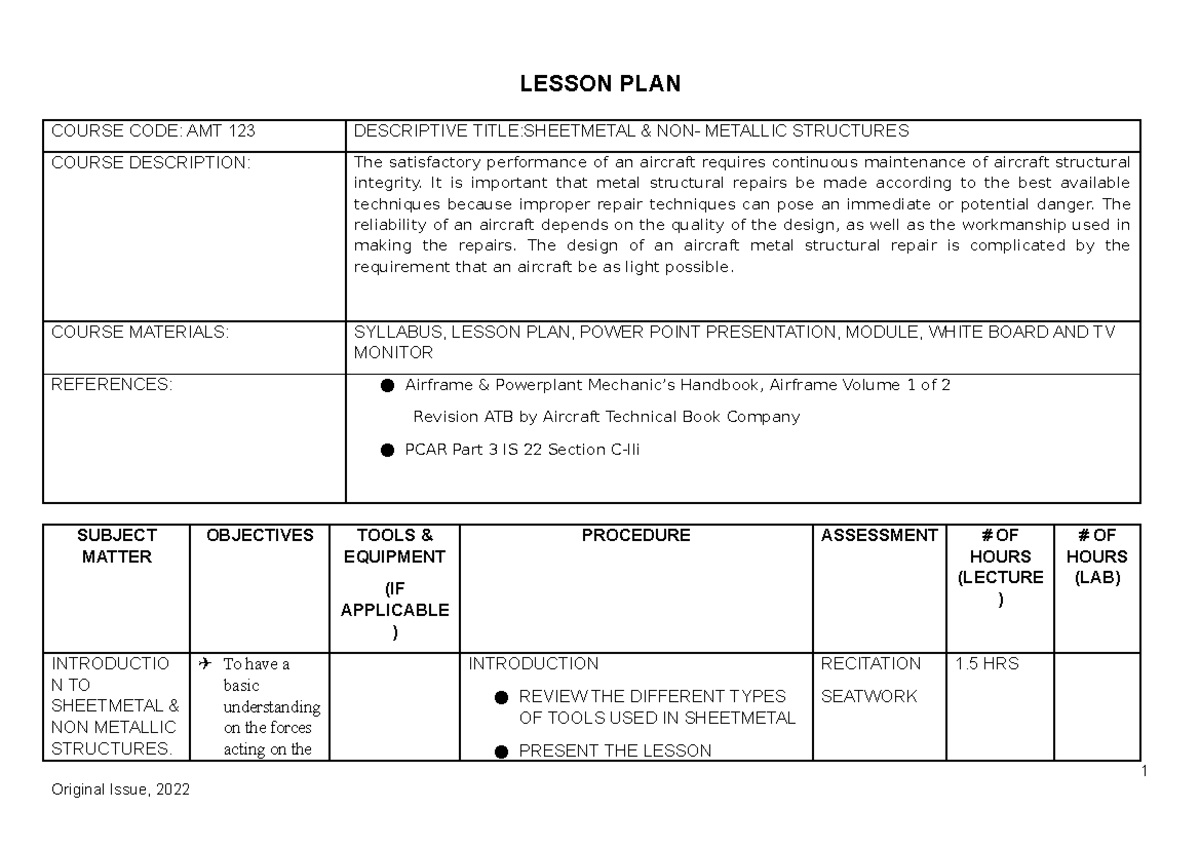 Lesson-PLAN- Sample - Lesson Plan - LESSON PLAN COURSE CODE: AMT 123 ...