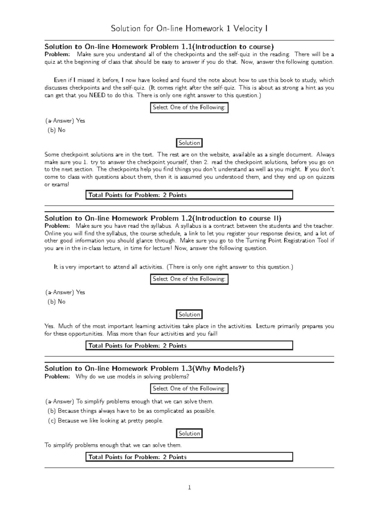 Onlinehomework-1-sln - Solution For Homework 1 Velocity I Solution To ...