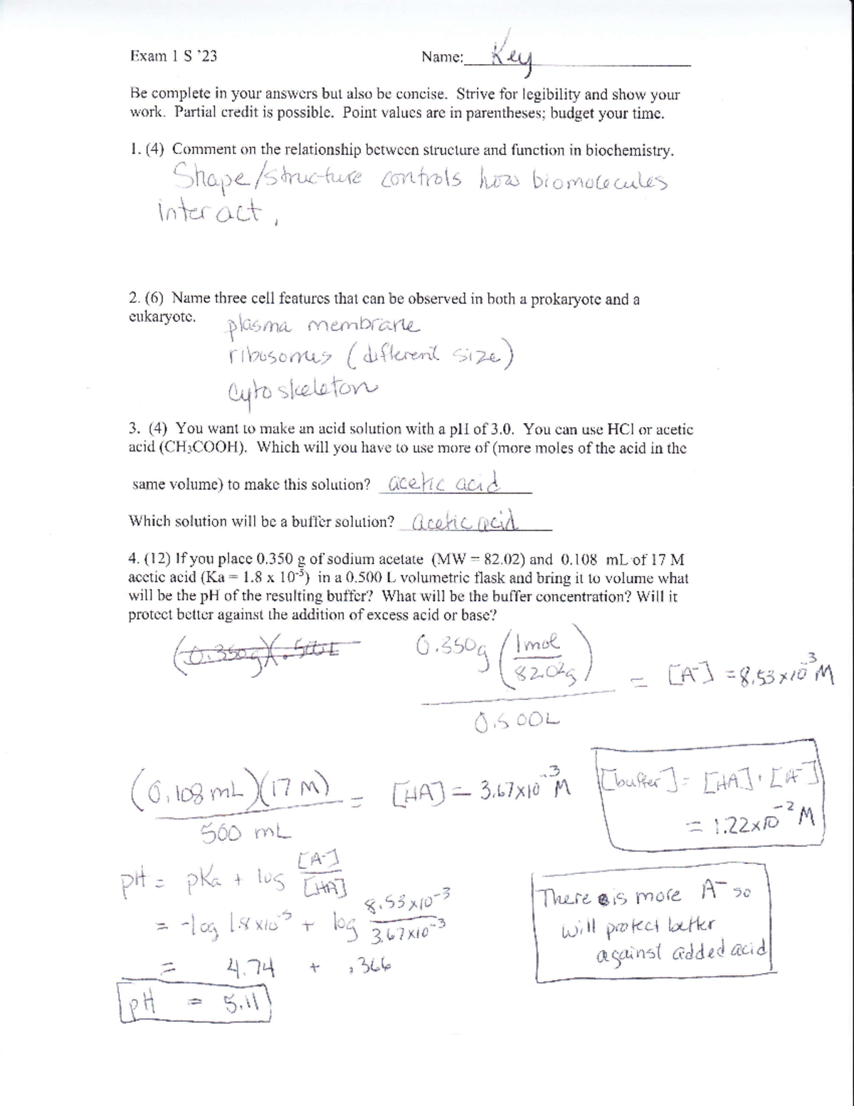 Key+Exam+1+S+23 - Exam 1 key - CHEM 364 - Ferris State - Studocu