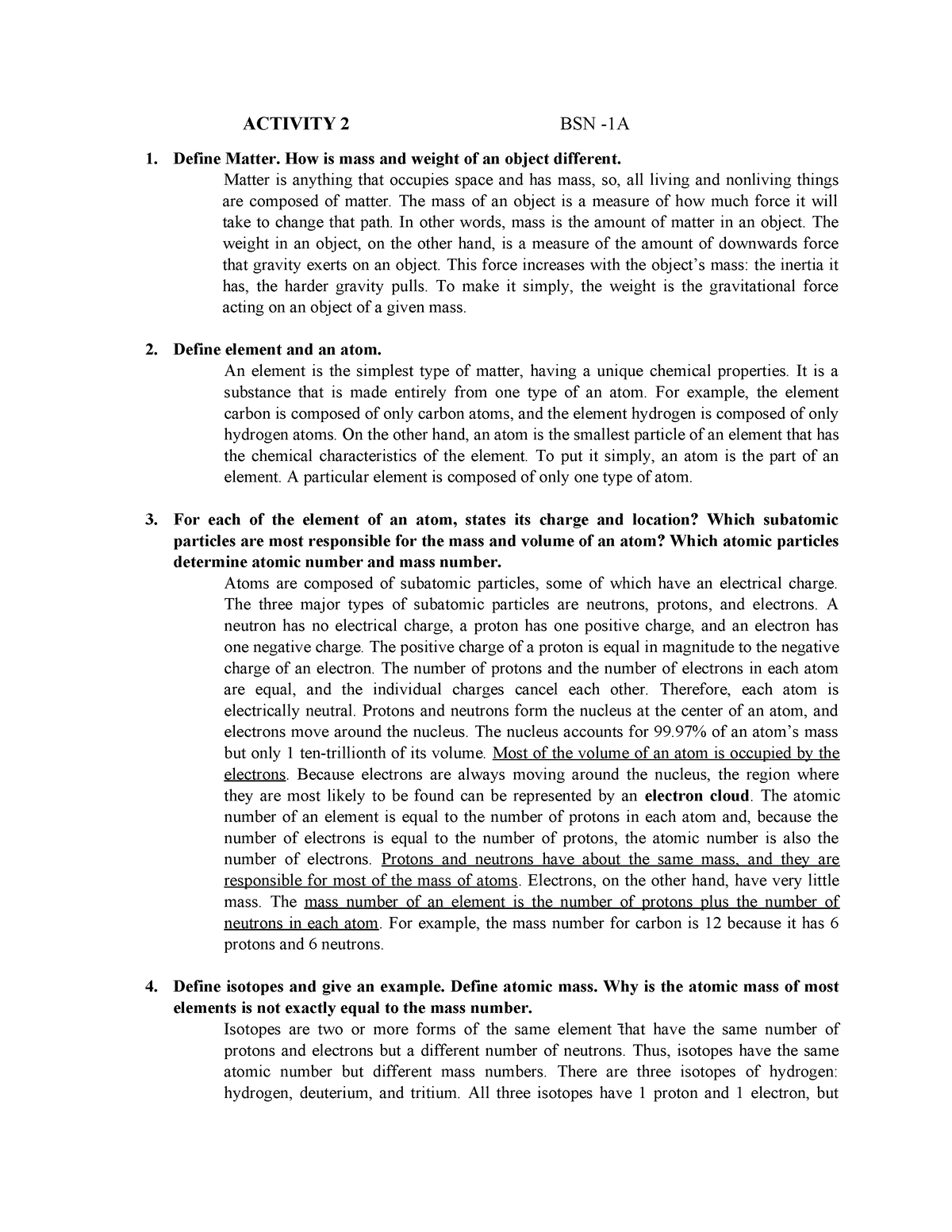 Activity 2 Anaphy - ACTIVITY 2 BSN -1A Define Matter. How is mass and ...