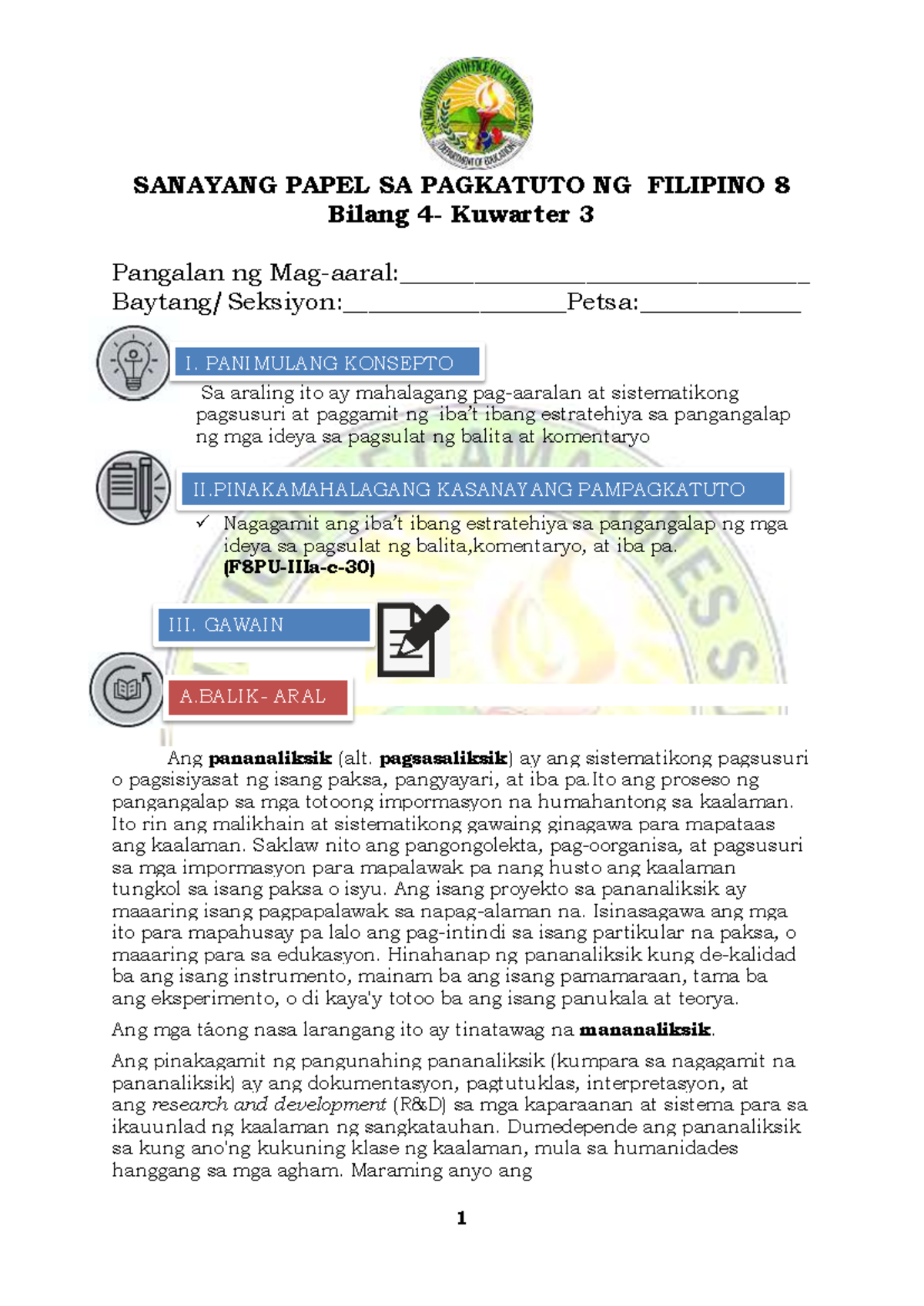 Fil 8 Mod3 - SANAYANG PAPEL SA PAGKATUTO NG FILIPINO 8 Bilang 4 ...