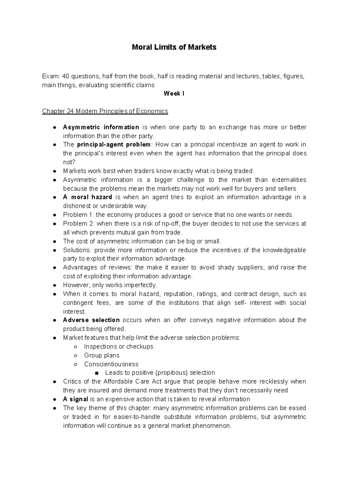 Moral Limits of Markets notes - Moral Limits of Markets Exam: 40 Sns-Brigh10