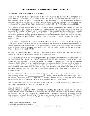 Notes on Examination OF Witnesses AND Advocacy