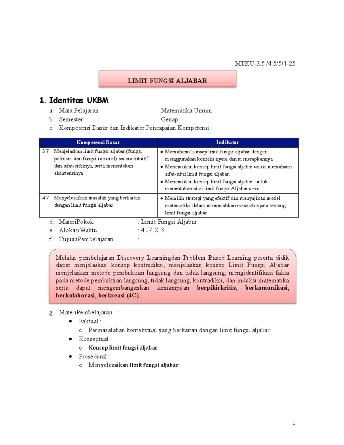 (5) UKBM Limit Fungsi Aljabar-1 - MTKU-3 /4/5/1- LIMIT FUNGSI ALJABAR 1 ...