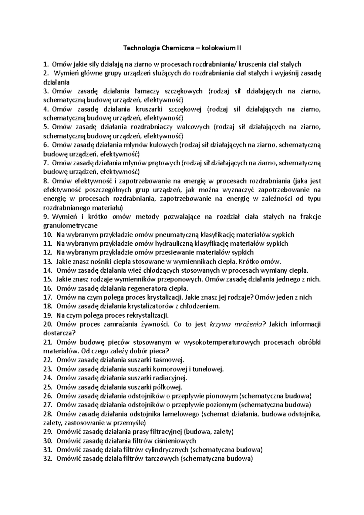 JN Zagadnienia TCh 2023 K2 - Technologia Chemiczna – kolokwium II Omów