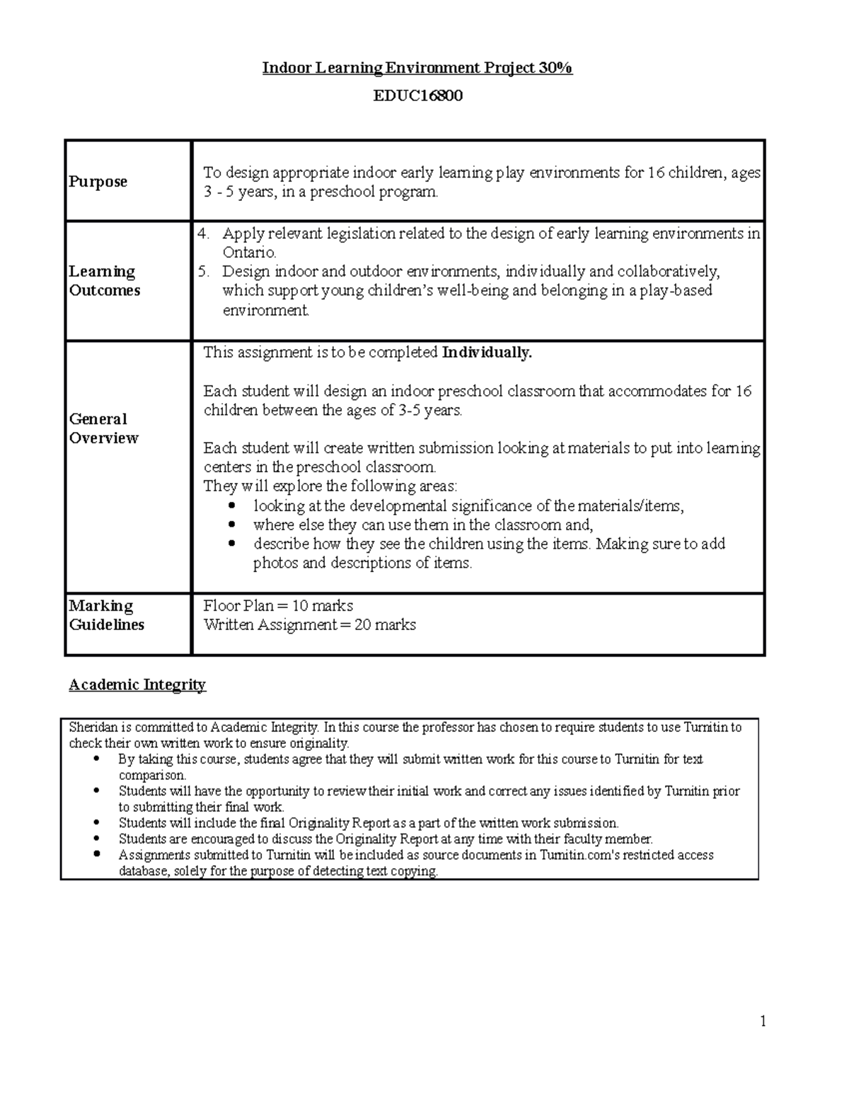 Indoor Learning Environment Project (30%) Fall 2022 Revised WInter 2023 ...