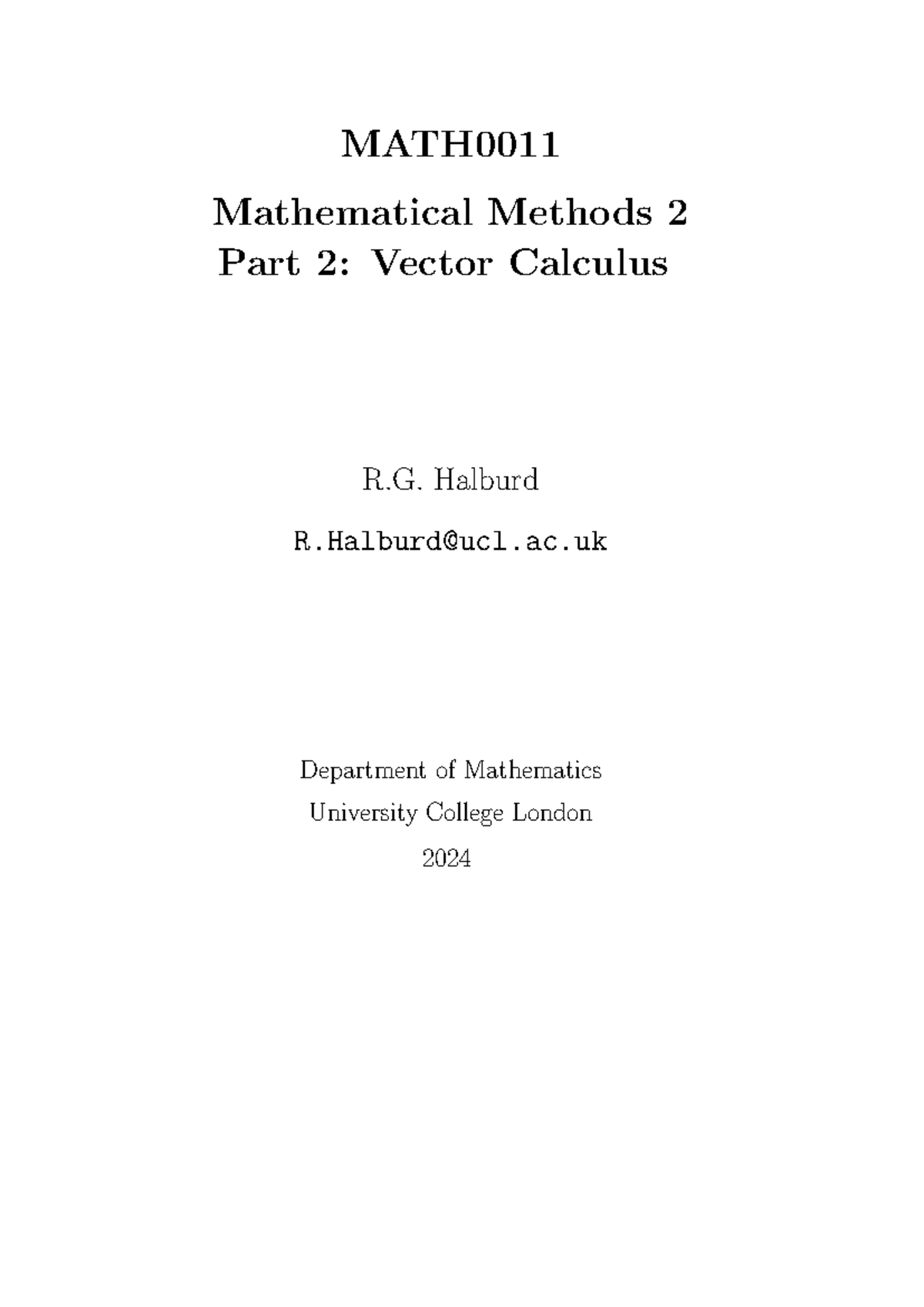 MATH0011 Lecture Notes - MATH Mathematical Methods 2 Part 2: Vector ...