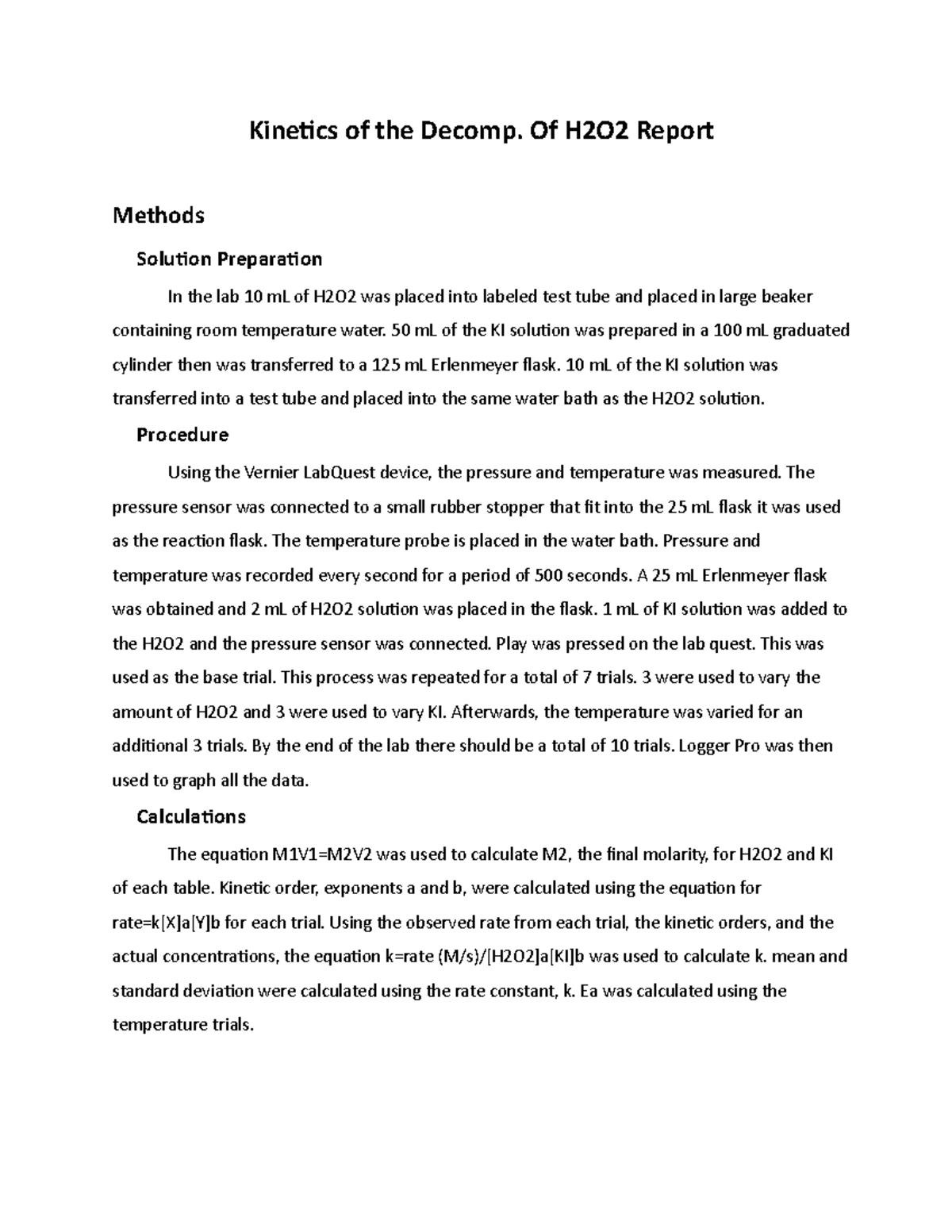 Experiment 2 - Kinetics of the Decomp of H2O2 Report - Kinetics of the ...