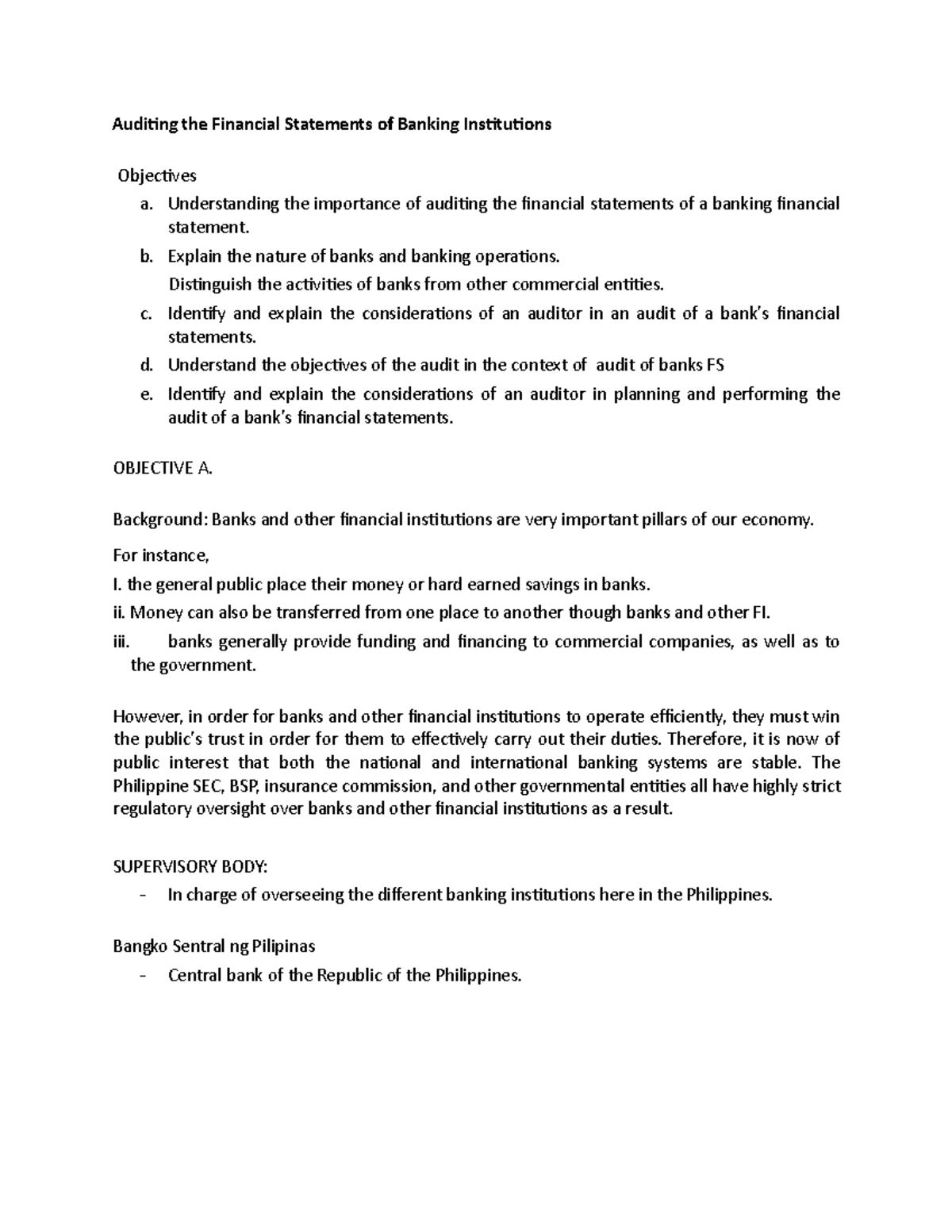 Audit on Bank institution - Auditing the Financial Statements of ...