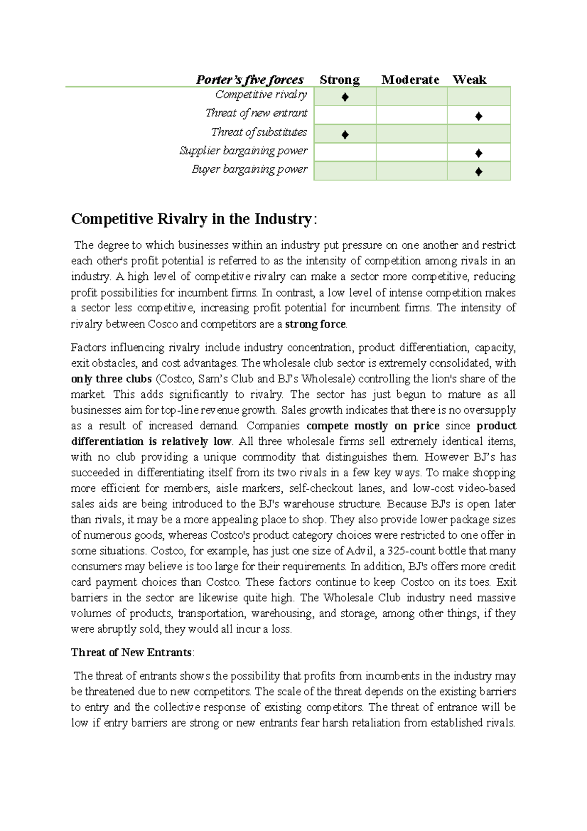 EXAM CASE Costco Wholesale 2016 Chapter 3 Industry Analysis Porter