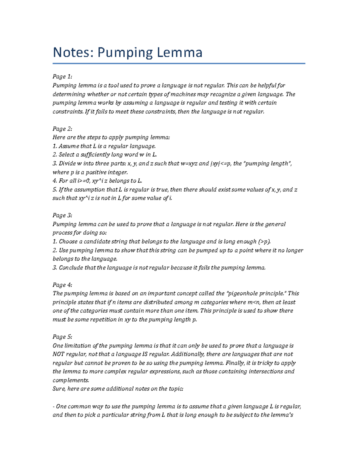 Lecture Notes - Pumping Lemma. - Notes: Pumping Lemma Page 1: Pumping ...