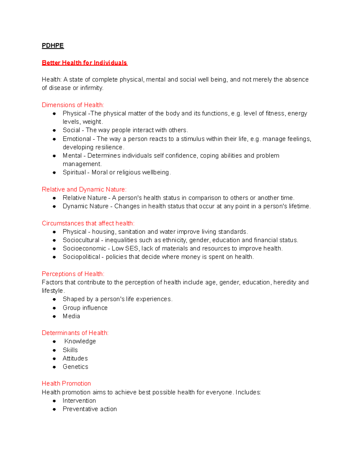 Copy Of Pdhpe Notes - PDHPE Better Health For Individuals Health: A ...