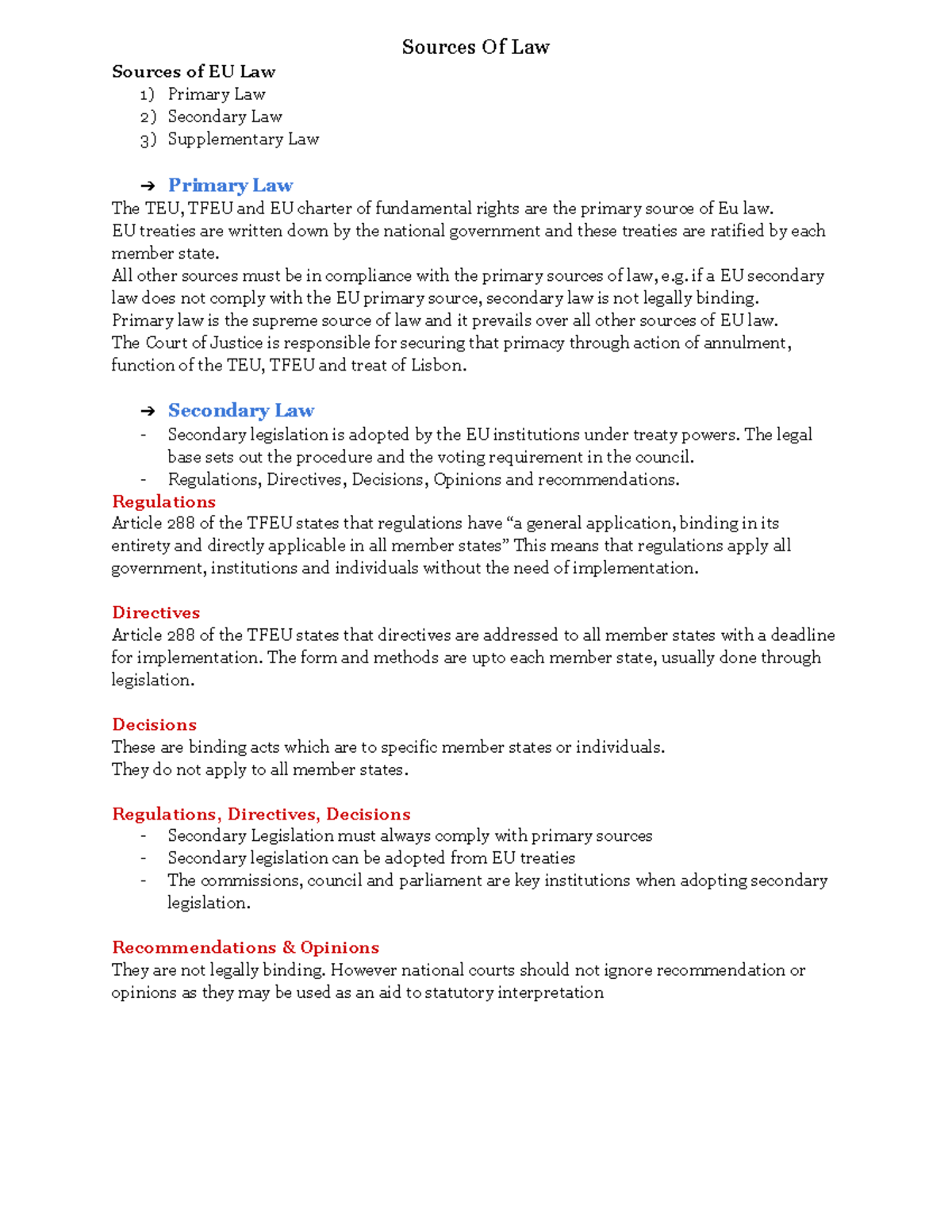 Unit 2 Sources Of EU Law Sources Of Law Sources of EU Law 1