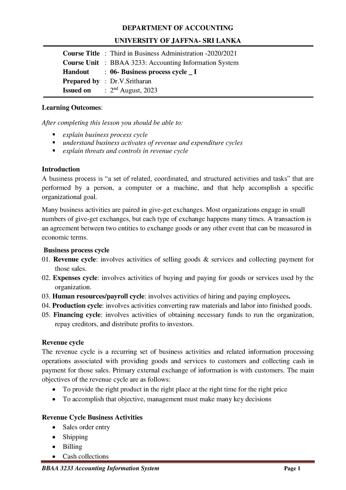 Handout 6 Business process cycle - DEPARTMENT OF ACCOUNTING UNIVERSITY ...