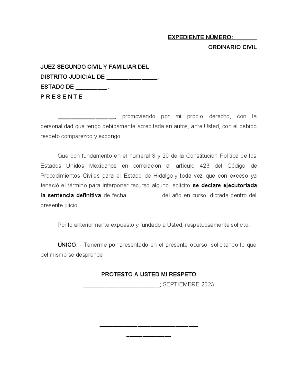 Solicita ejecutar sentencia EXPEDIENTE NÚMERO _______ ORDINARIO