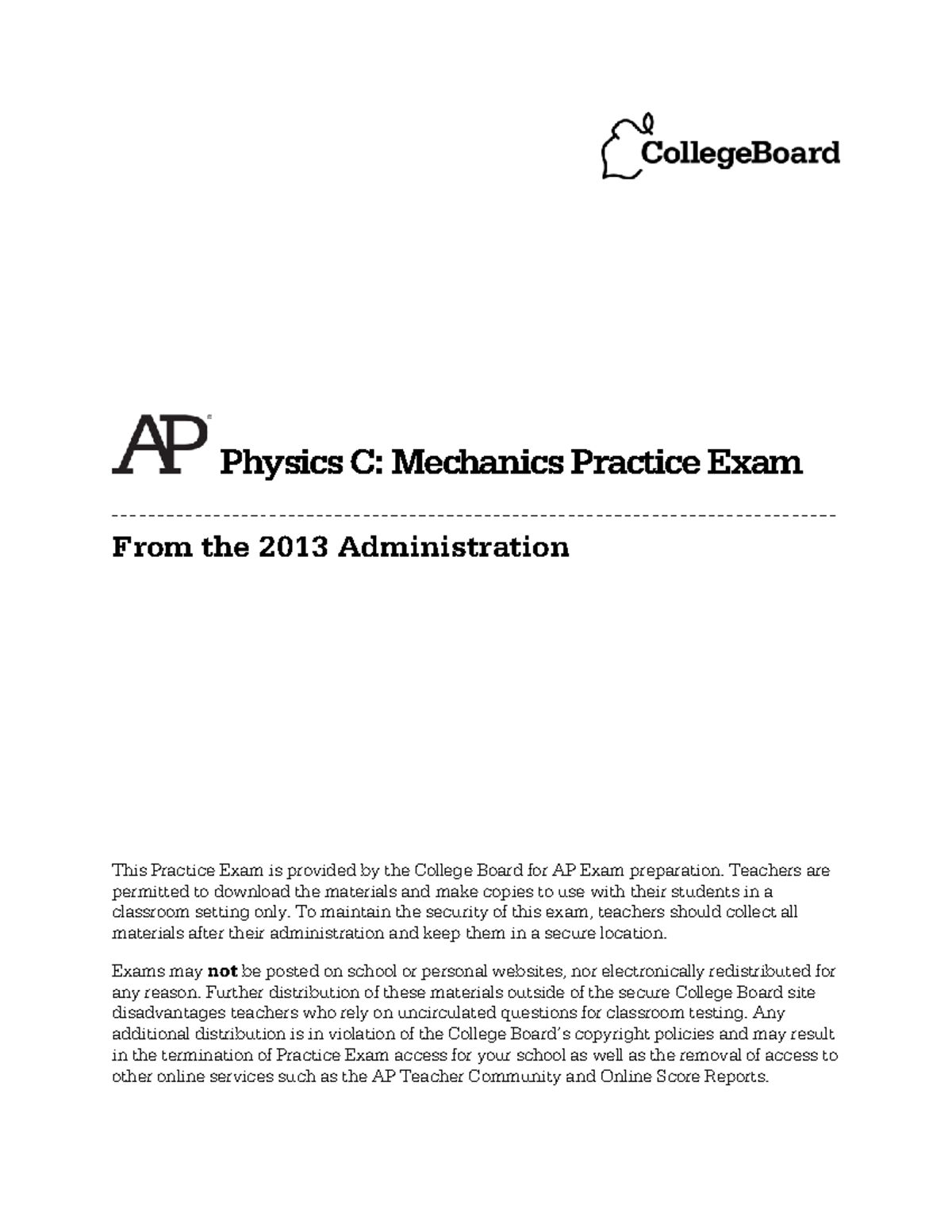 AP Mechanics 2013 physics Physics C Mechanics Practice Exam