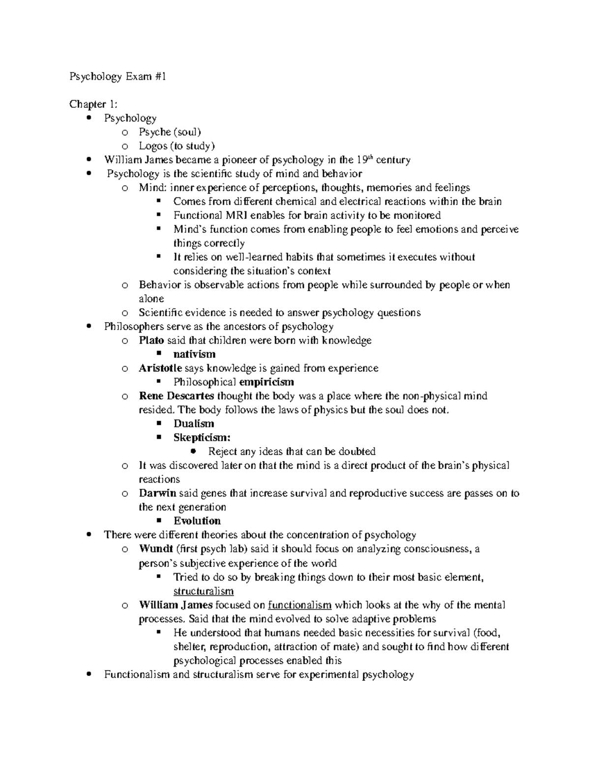 Psychology Exam 1 - Lecture notes 1-4 - Psychology Exam # Chapter 1 ...