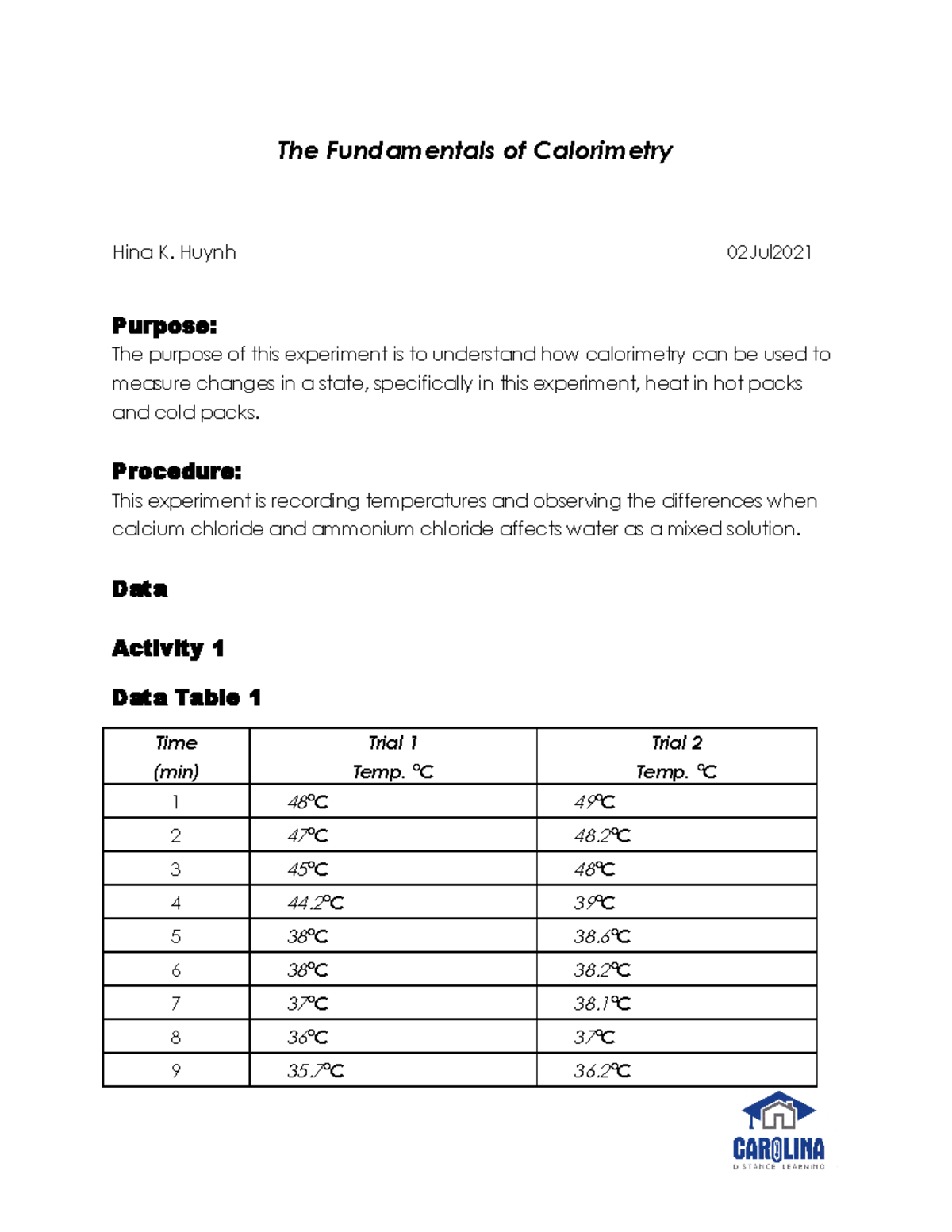 calorimetry lab report hypothesis