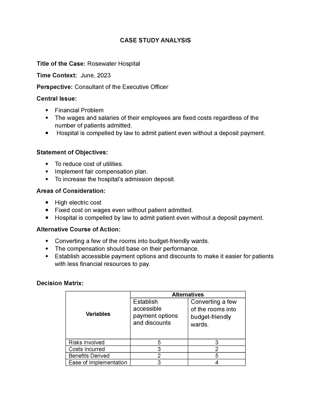 CASE 6. Rosewater Hospital - CASE STUDY ANALYSIS Title of the Case ...