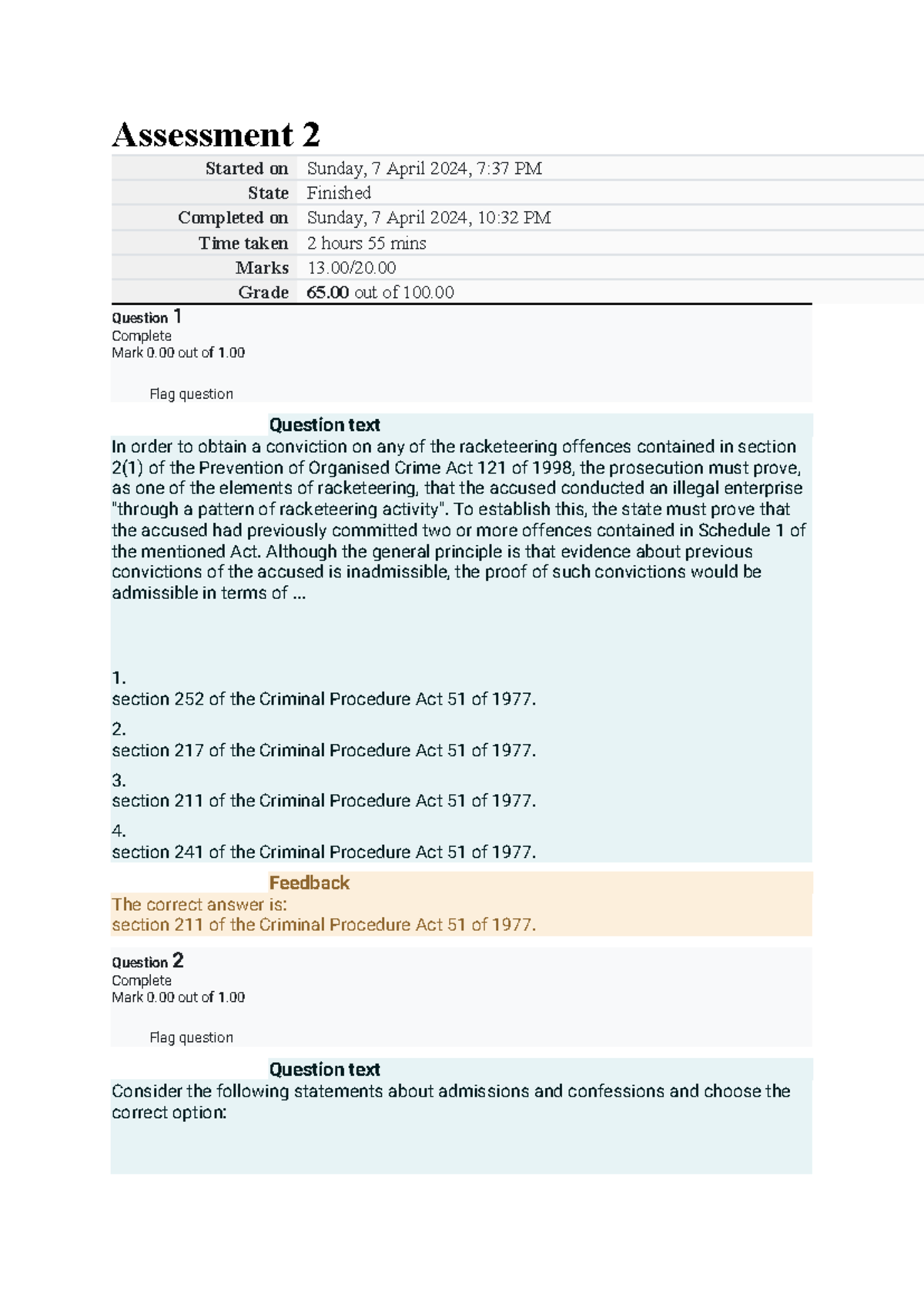 LEV assessment 2 Q&A - Assessment 2 Started on Sunday, 7 April 2024, 7: ...