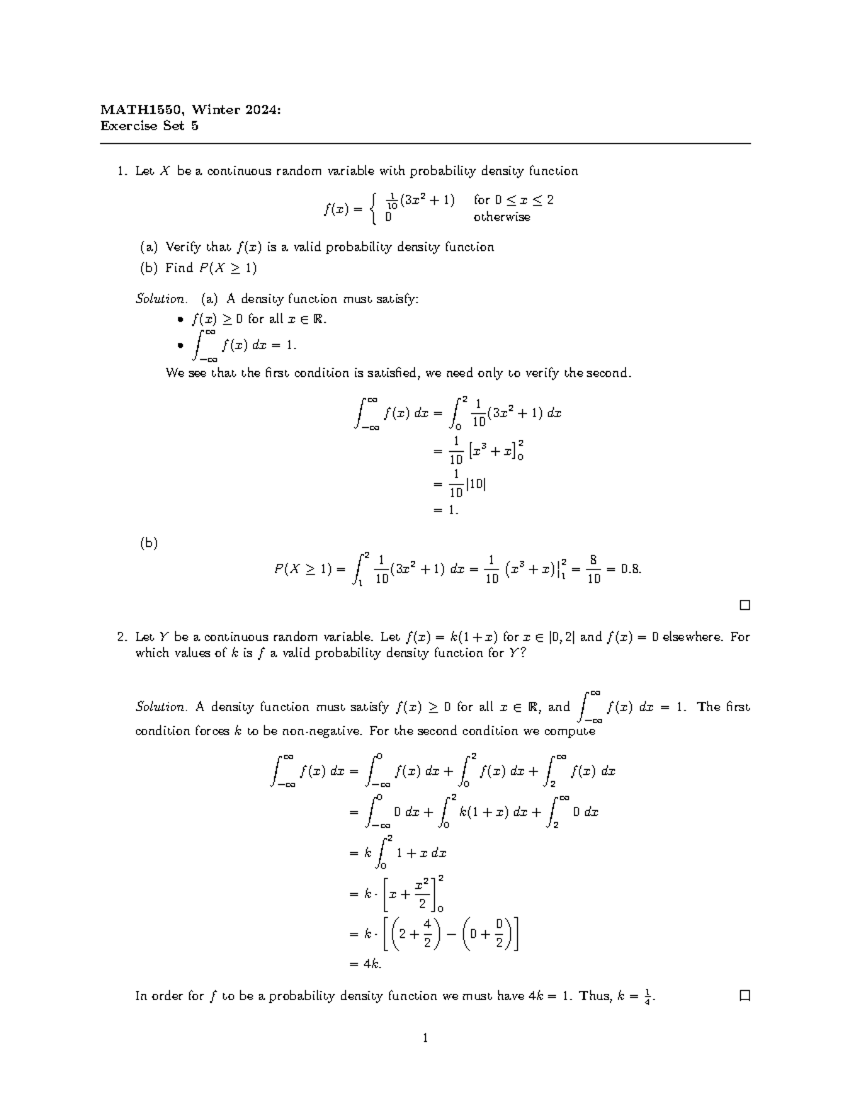 Exercise Set 5 W2024 solutions - MATH1550, Winter 2024: Exercise Set 5 ...