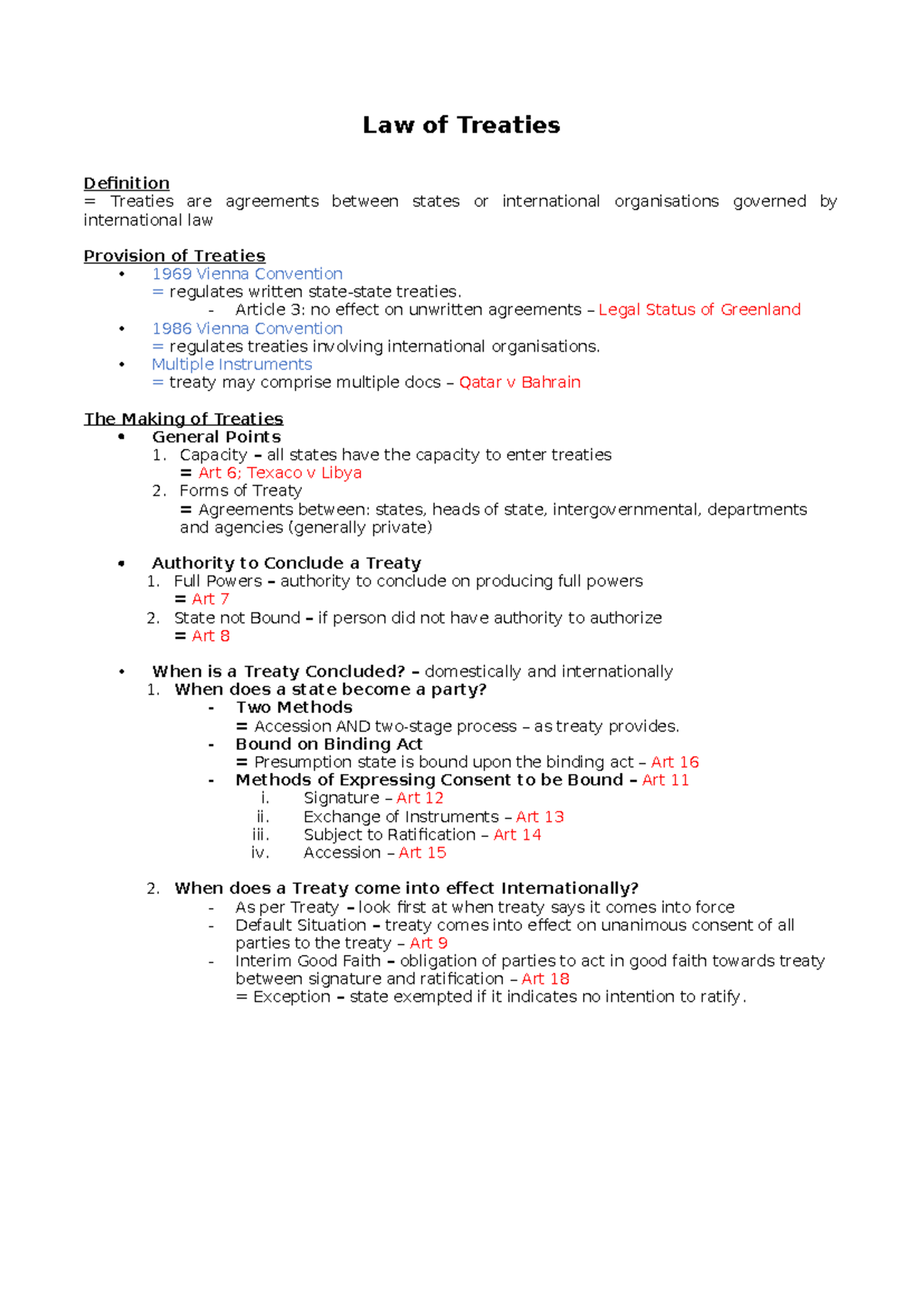 Law of Treaties - Summary Public international law - Law of Treaties ...