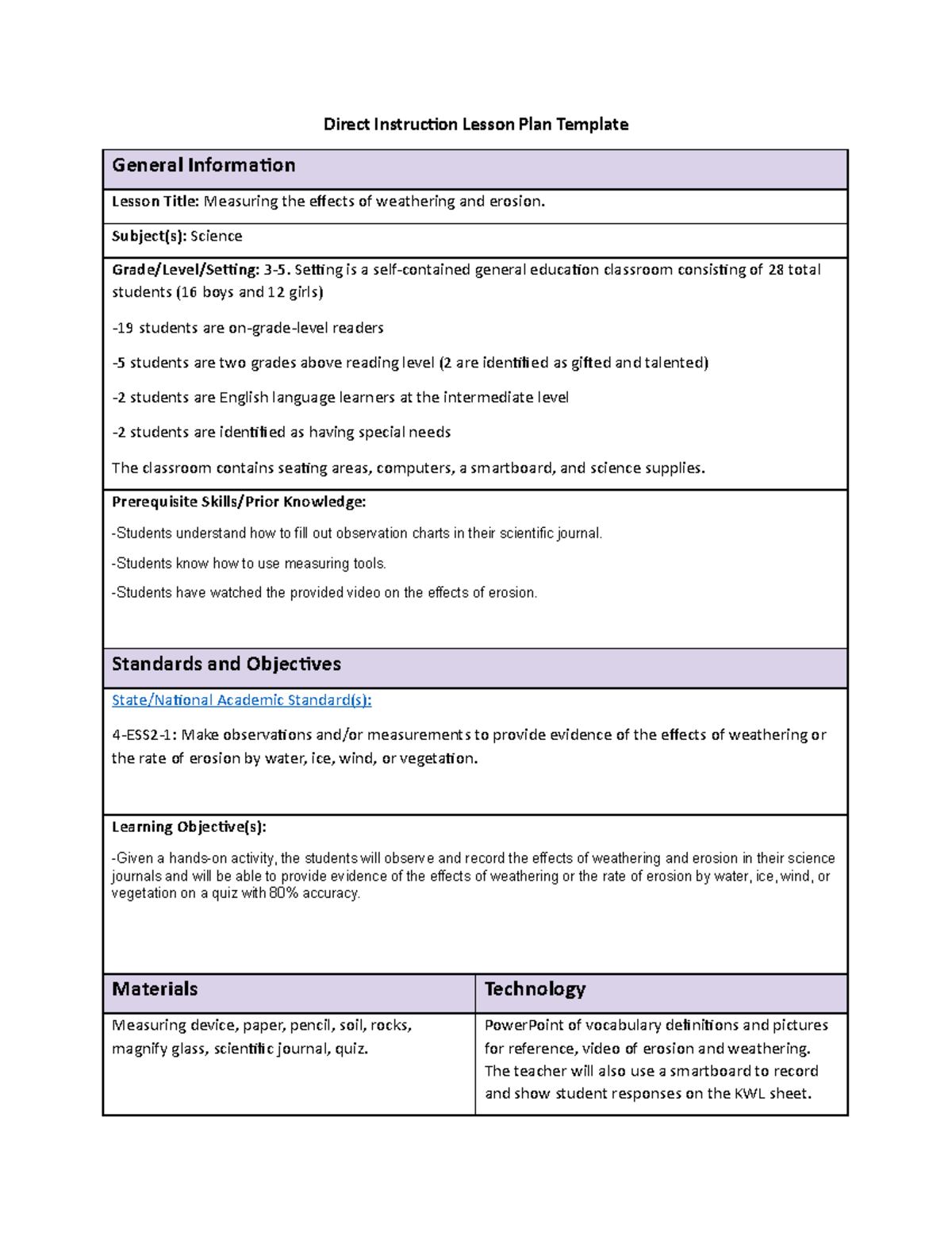 Lesson Plan Science Direct Instruction Lesson Plan Template General 