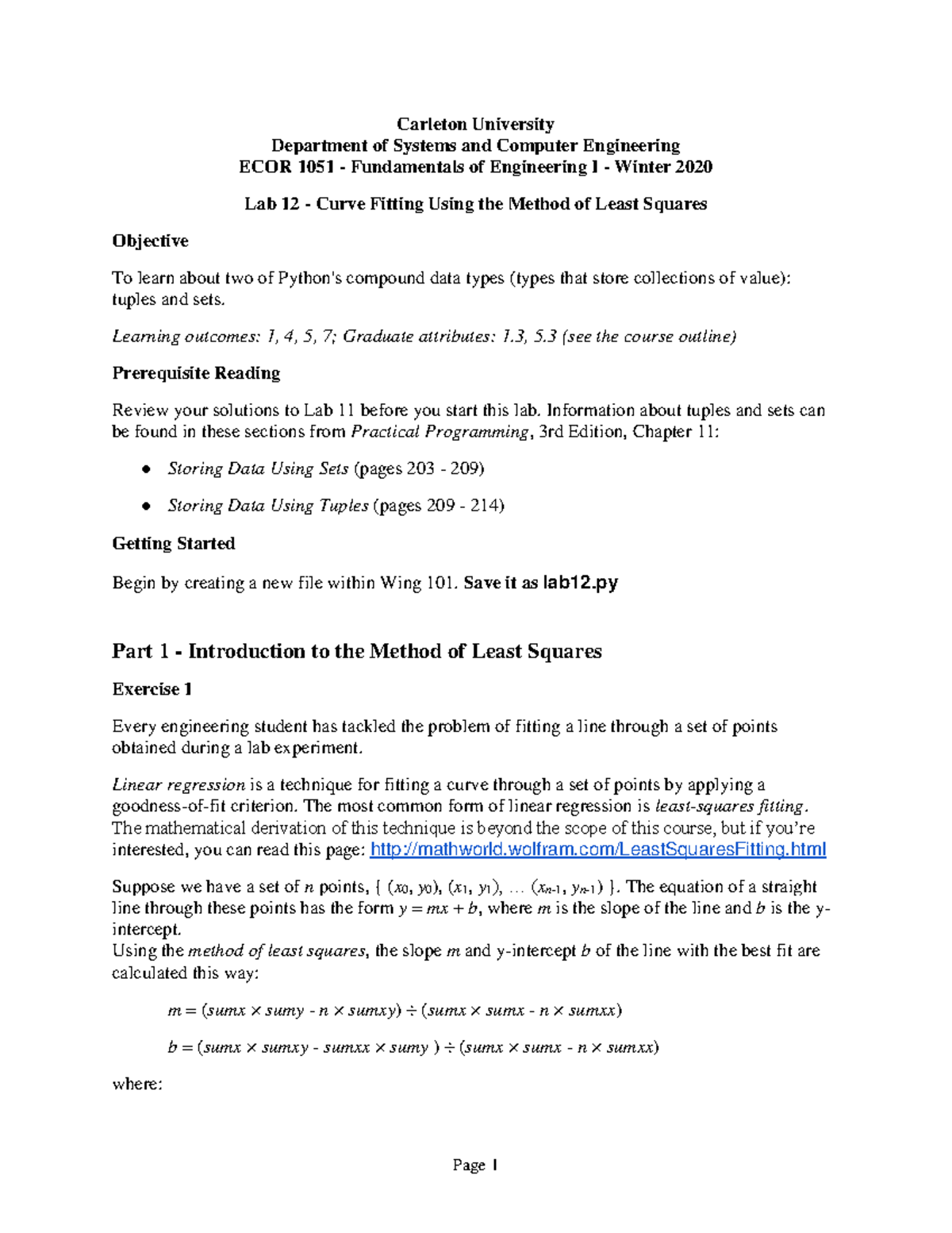 ECOR1051 Lab 12 Pre-lab - Carleton University Department of Systems and ...