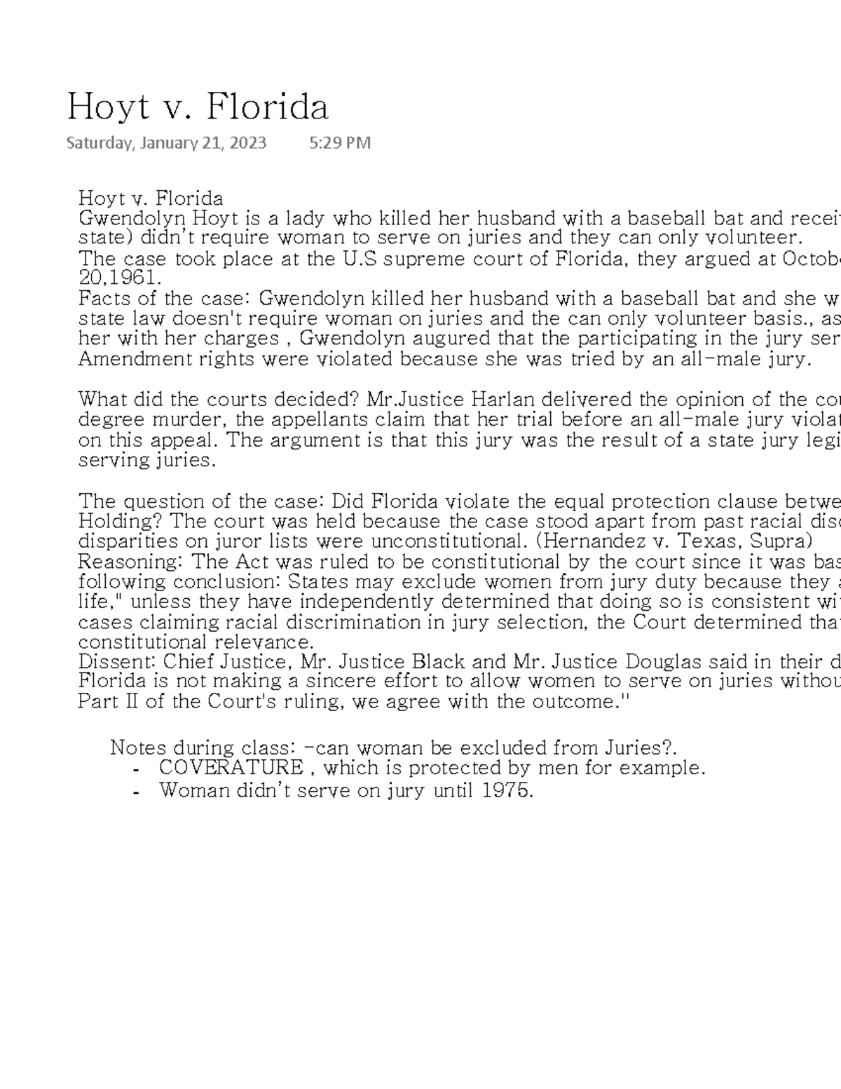 Hoyt v. Florida Case brief and notes Hoyt v. Florida Gwendolyn Hoyt