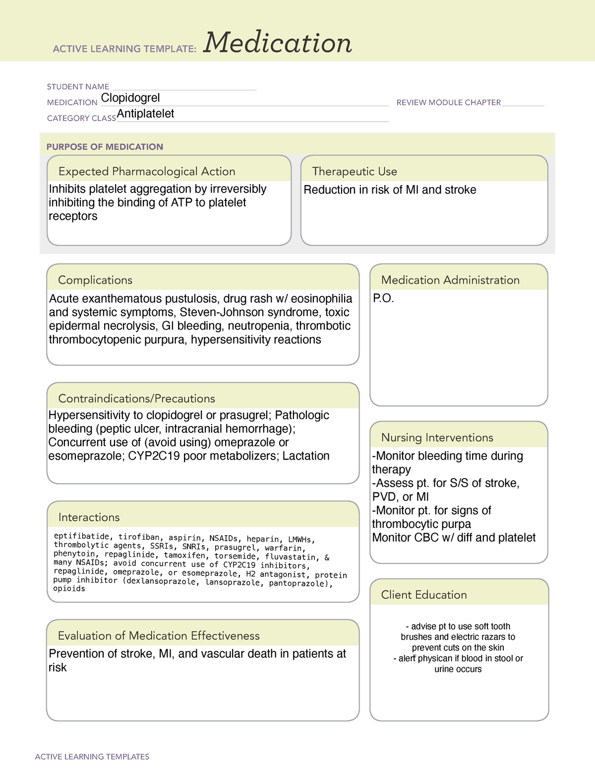 Clopidogrel - nursing material - ACTIVE LEARNING TEMPLATES Medication ...