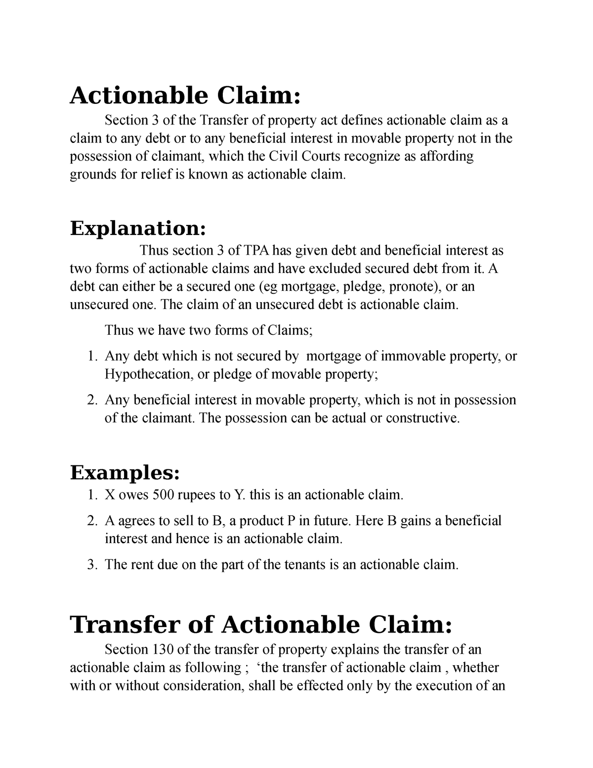 transfer of actionable claim is known as assignment